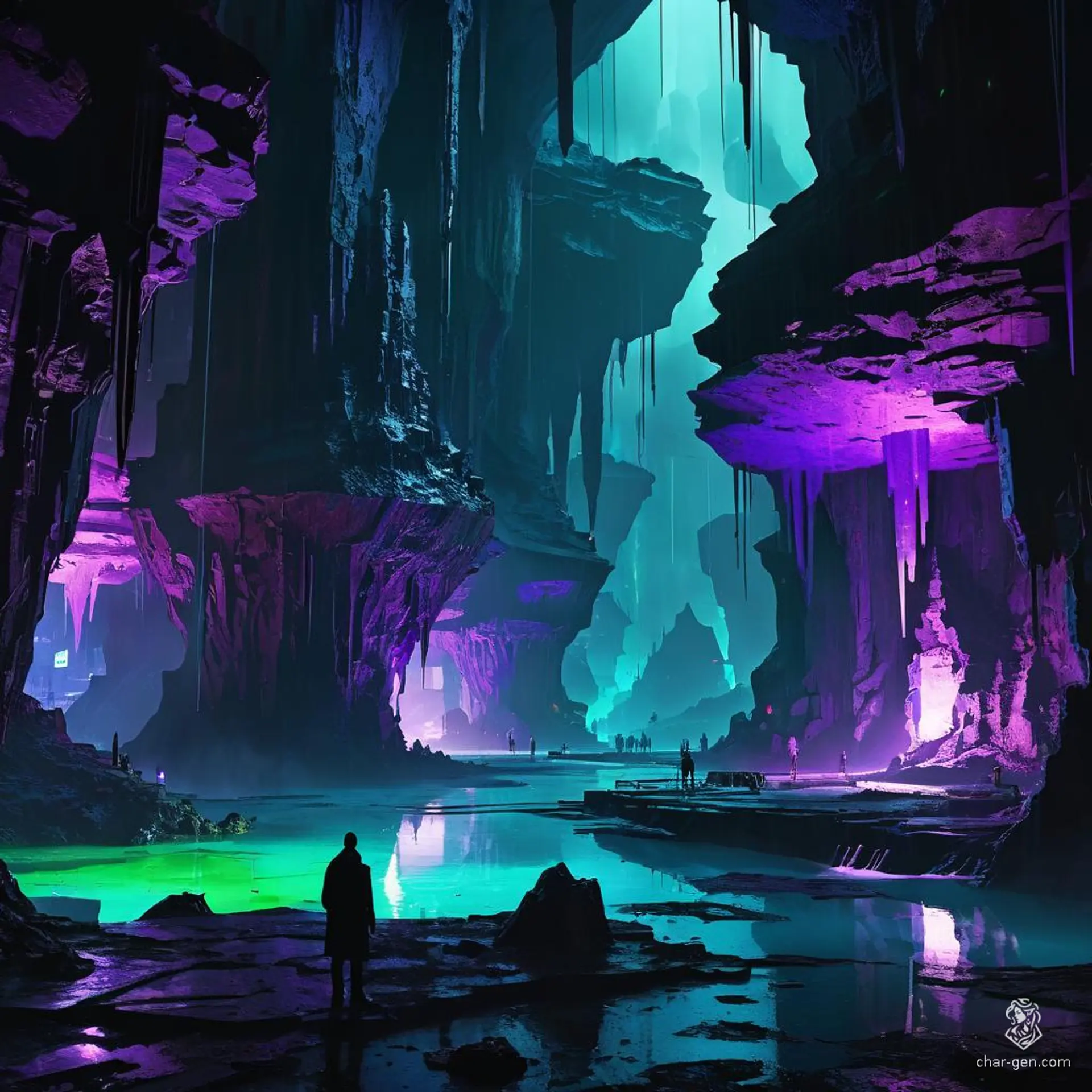 In a dark, moody cavern lit by neon purple, green, and blue hues, amethyst diodes flicker in high contrast. Sleek cybernetic designs blend with dripping stalactites and jagged stalagmites, while rain-soaked street echoes and vibrant water pools create a hauntingly futuristic ambiance.