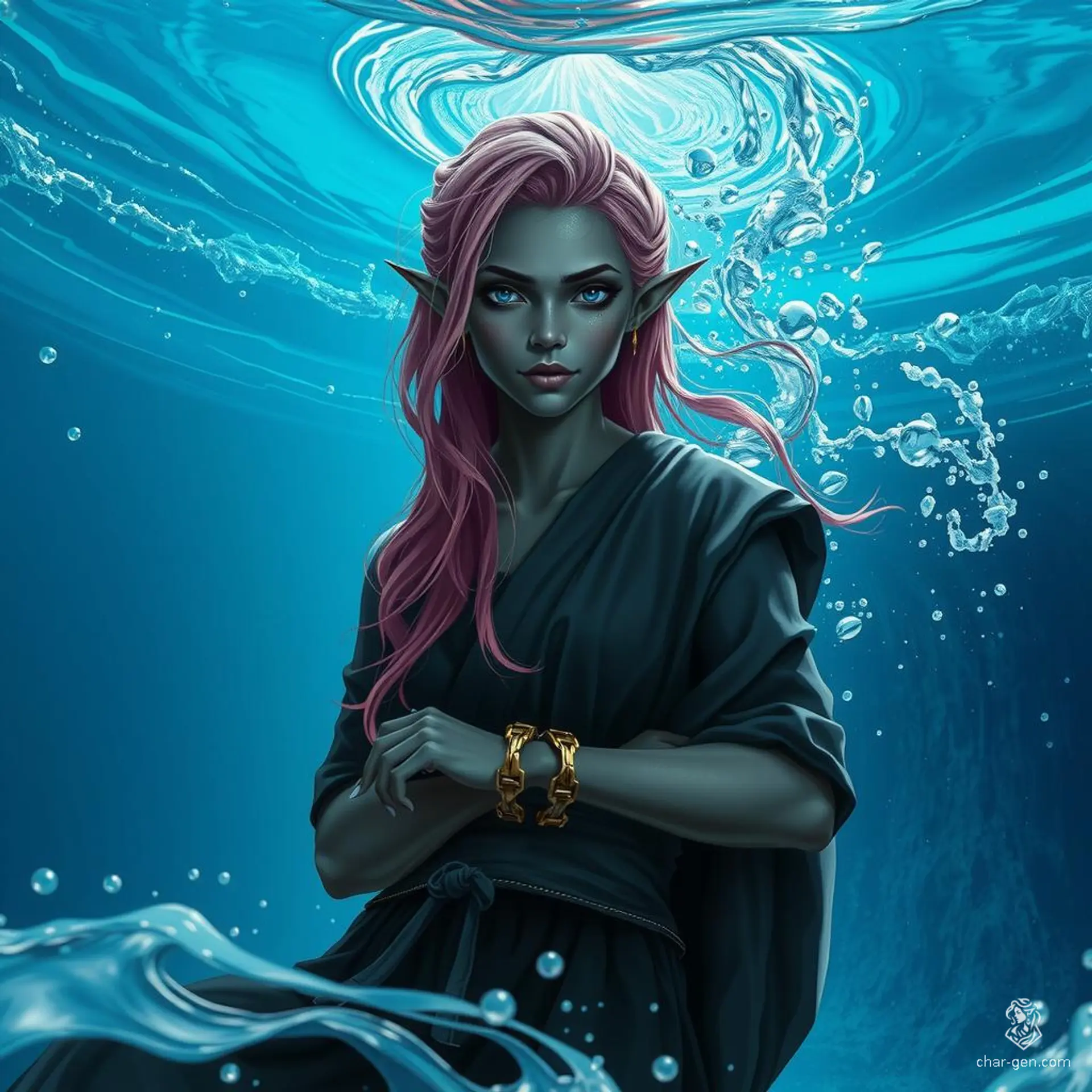 A serene, dark-skinned drow monk with flowing white hair streaked with playful bubblegum pink. This female monk's calm expression and fluid posture contrast with the shackles she wears, hinting at a restrained power.