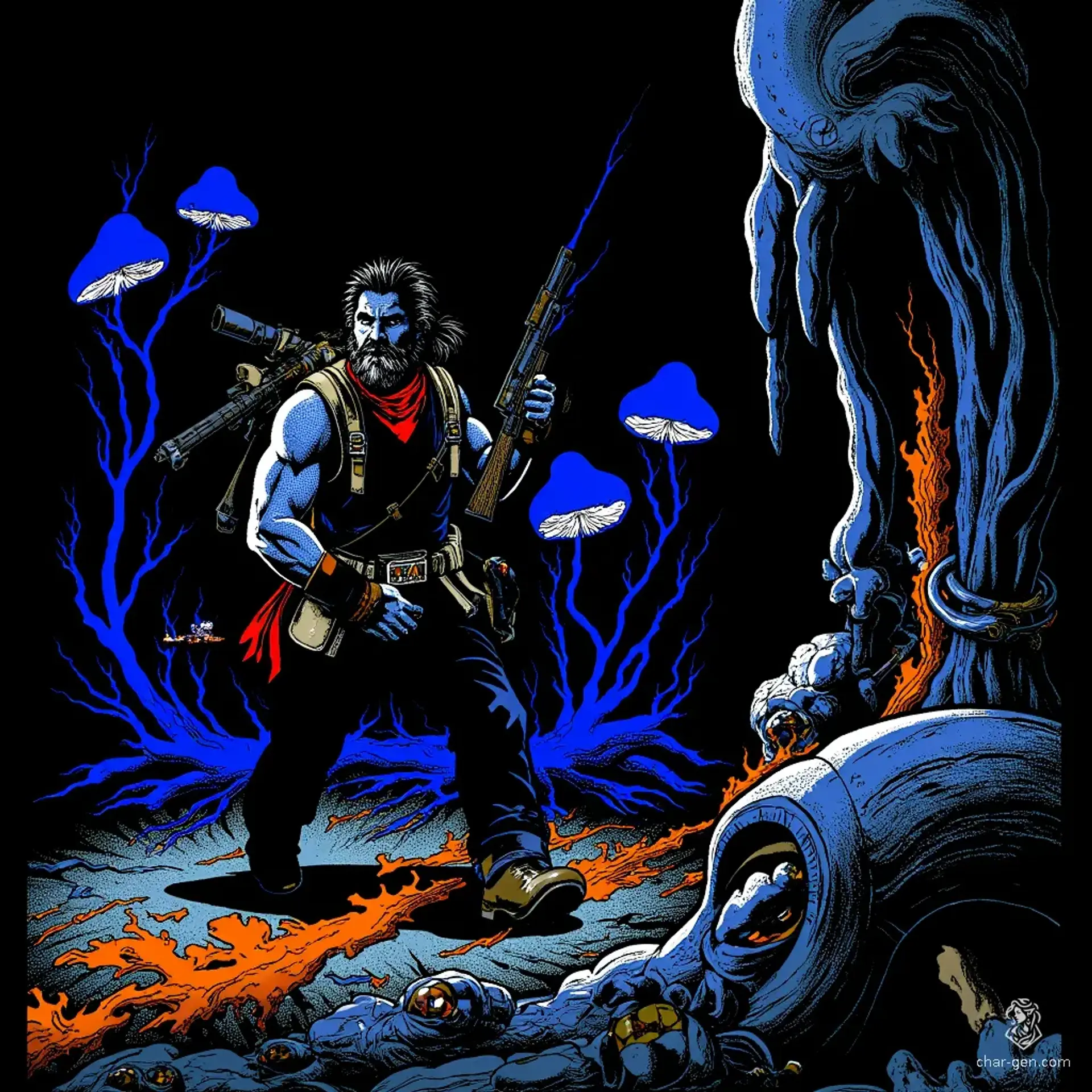 A seasoned Duergar Mercenary-Captain navigates the bioluminescent tunnels of the Underdark, his ashen grey-blue skin and distinguished beard giving him an air of authority. Clad in mismatched armor, he grips a blunderbuss tightly, strategizing with his ragtag band of soldiers for their next daring contract.