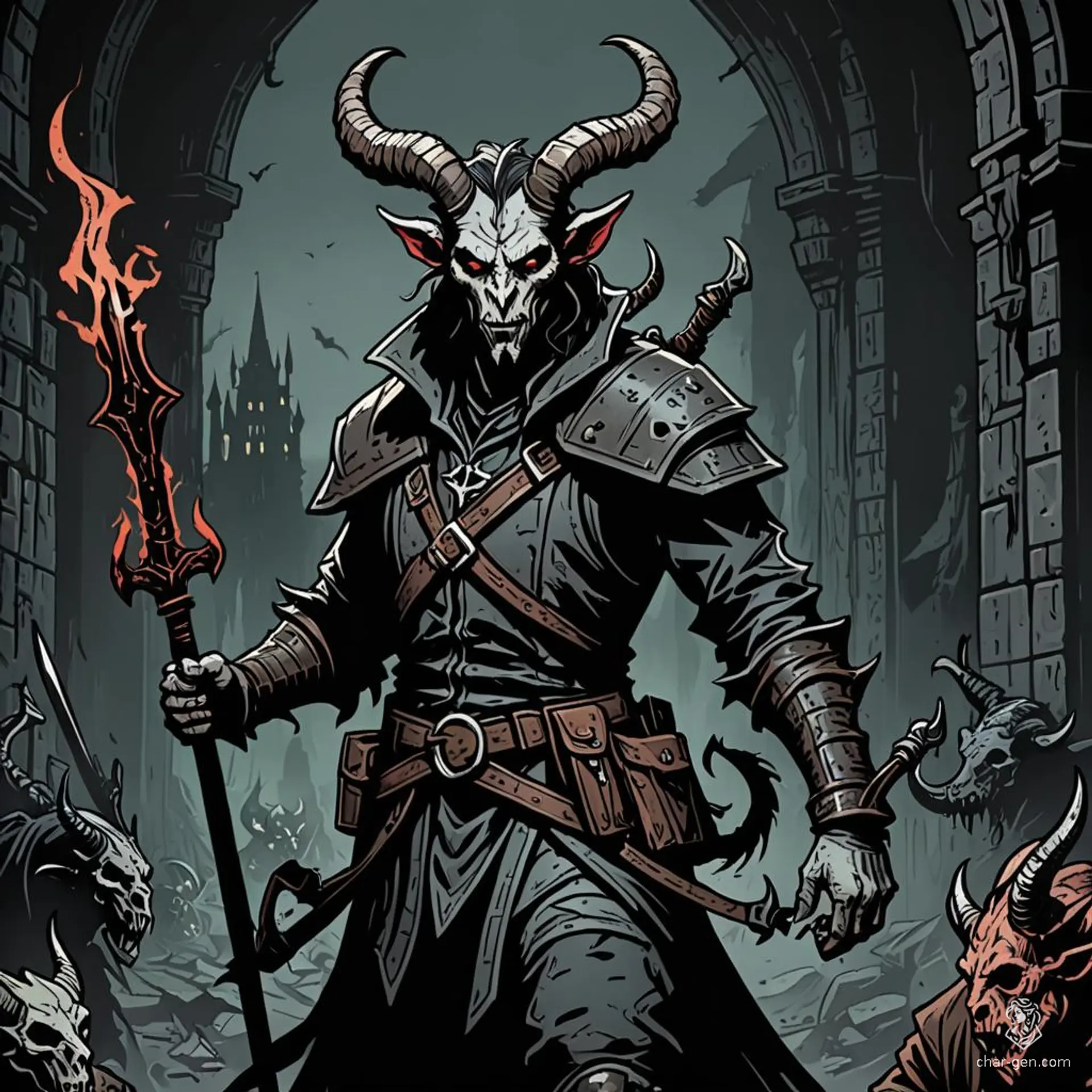 A tiefling witch-hunter in hell, this half-human with devilish horns and a long tail, dons rugged clothing emblazoned with holy symbols. Armed with silver weapons, they relentlessly pursue dark magic users.