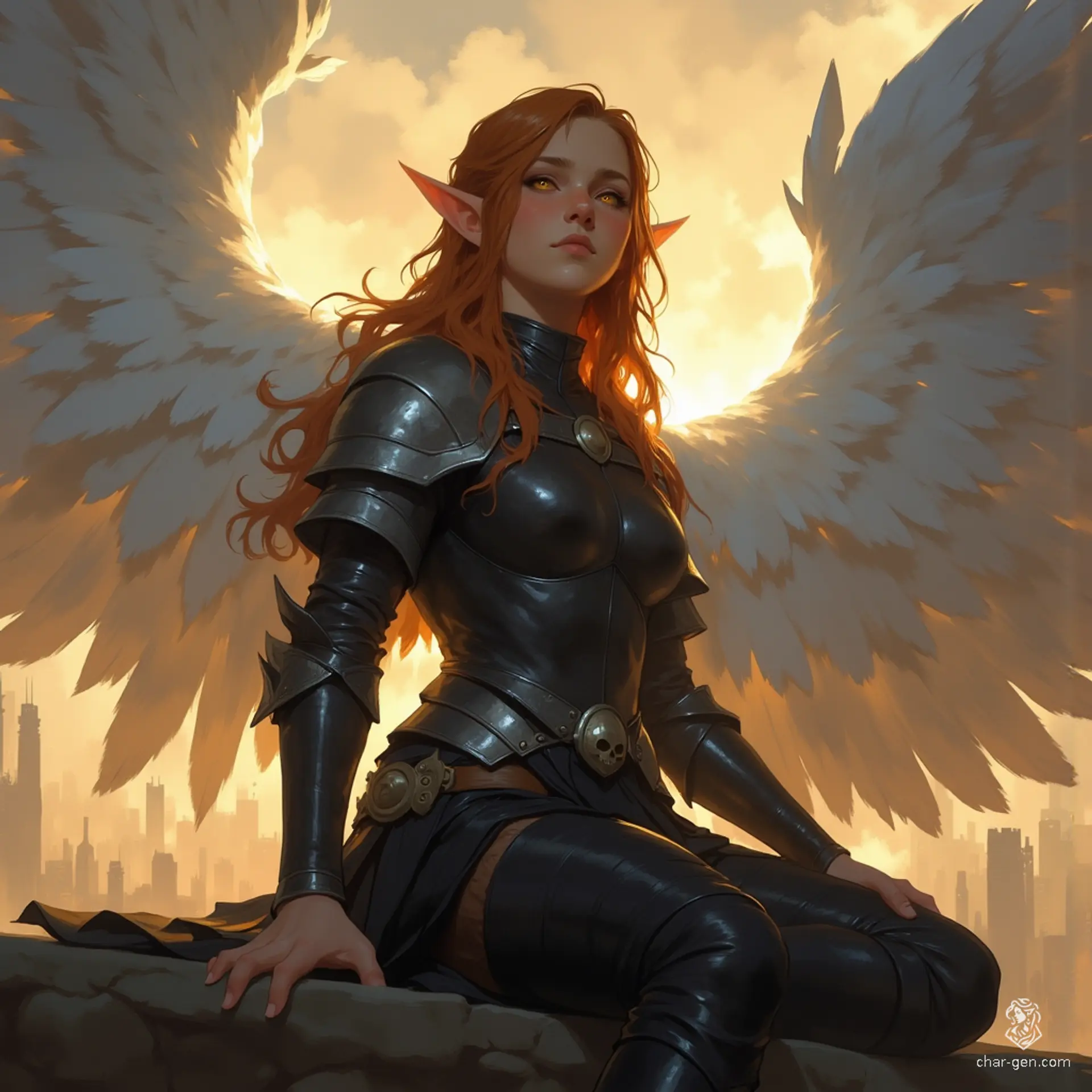 In a serene moment within his royal estate, a glowing gold-eyed half-elf boy meditates, exuding an ethereal aura. His long auburn hair frames narrow angular features, contrasting with his black and grey armor adorned with a skull. Majestic white angel wings unfold behind him, capturing the essence of serene power amidst a vibrant medieval cityscape.