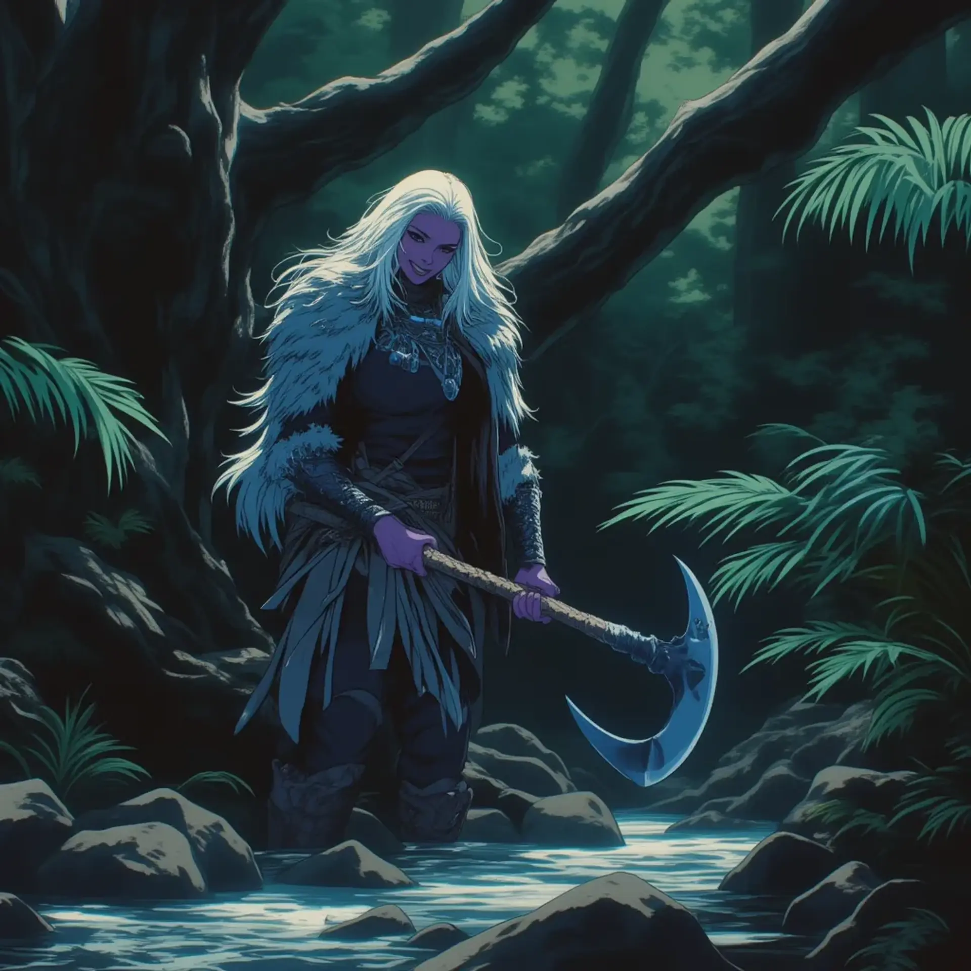 A wild and rugged female drow elf barbarian, she stands out with striking light purple skin and flowing pure white hair. Dressed in fur armor, her laughter echoes as she swings a formidable two-handed axe. A skilled hunter, she traverses forests and mountains with ease.