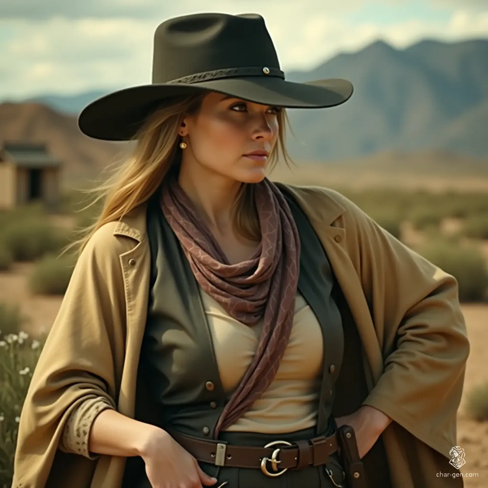 In a sun-drenched desert, a contemplative woman in her 30s stands poised for action, her long light brown hair cascading beneath a wide-brimmed black cowboy hat. Clad in a beige duster and a vibrant scarf, she embodies the spirit of a Western hero, ready to face the unknown.