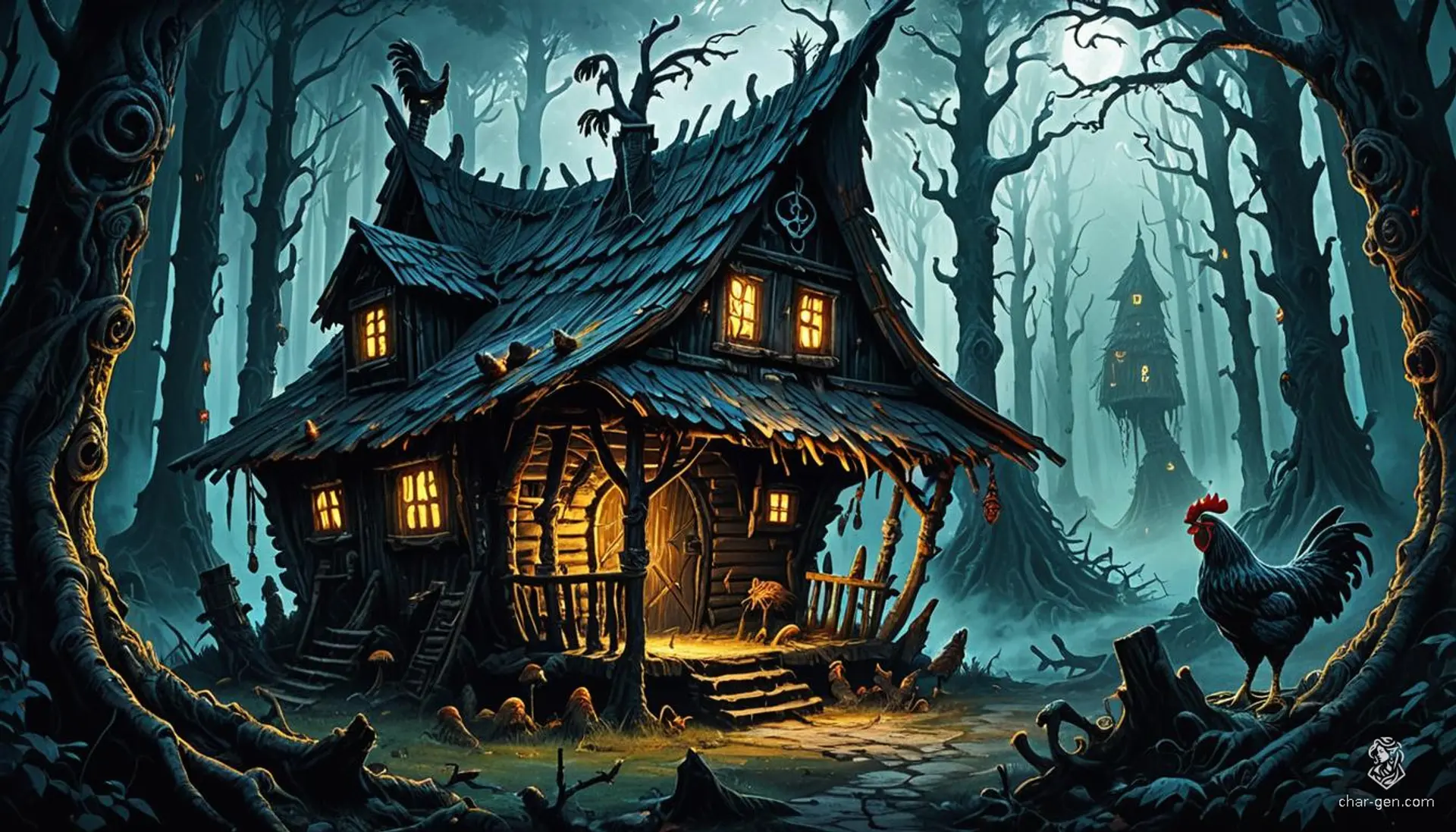 In a dark, eerie forest cloaked in dense fog, a twisted wooden hut stands upon grotesque, spindly chicken legs with gnarled joints. Warped walls adorned with glowing runes shudder ominously. Nearby, twisted trees loom over glowing mushrooms, enriching the foreboding ambiance.