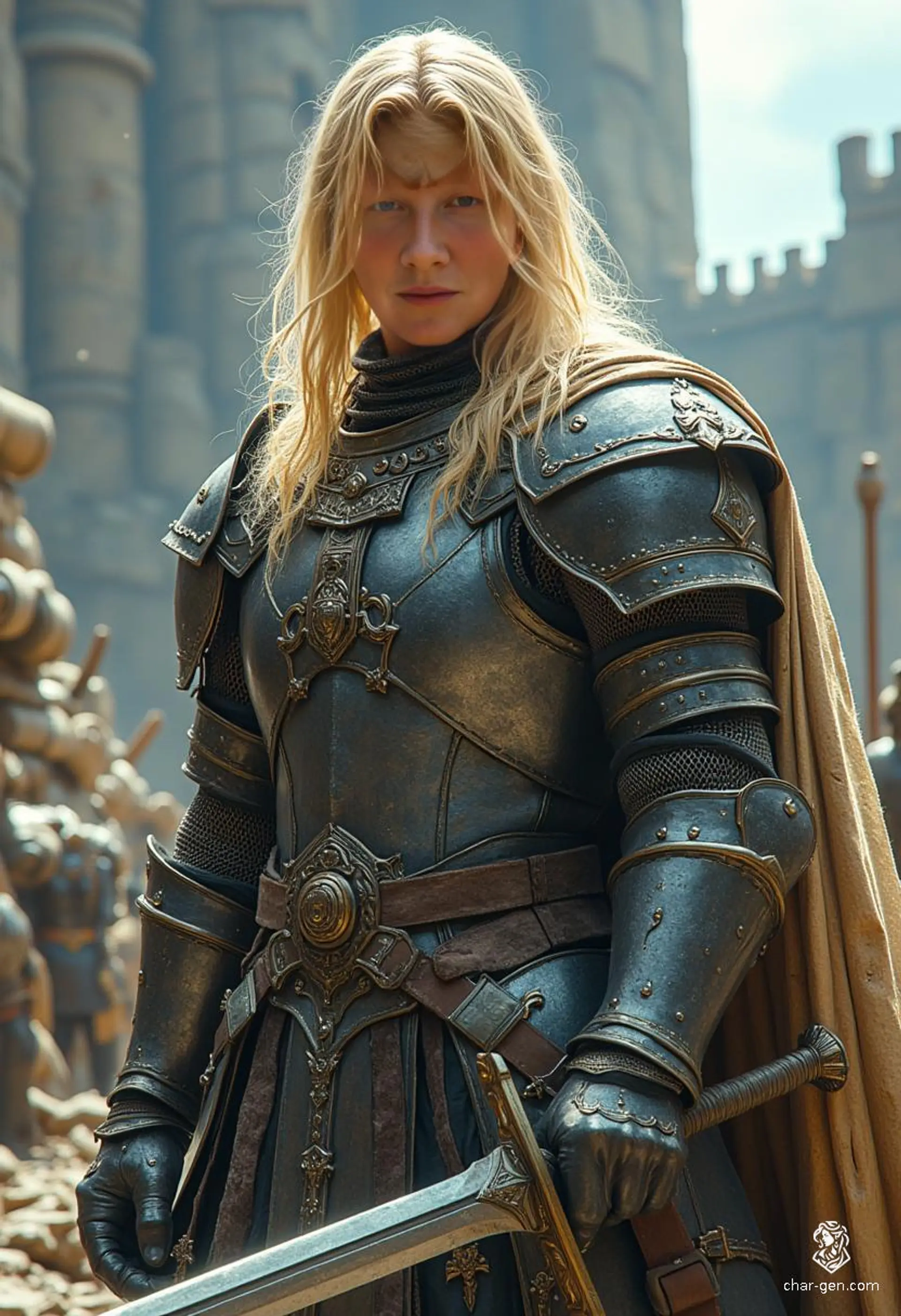 Logan, a noble paladin of House Falendar, stands tall at 6'2" with fair skin and long blond hair. Driven by a desire to avenge his family, he wields a dagger and a family heirloom longsword with unwavering honor. With sharp blue eyes, he fights fiercely for the defenseless.
