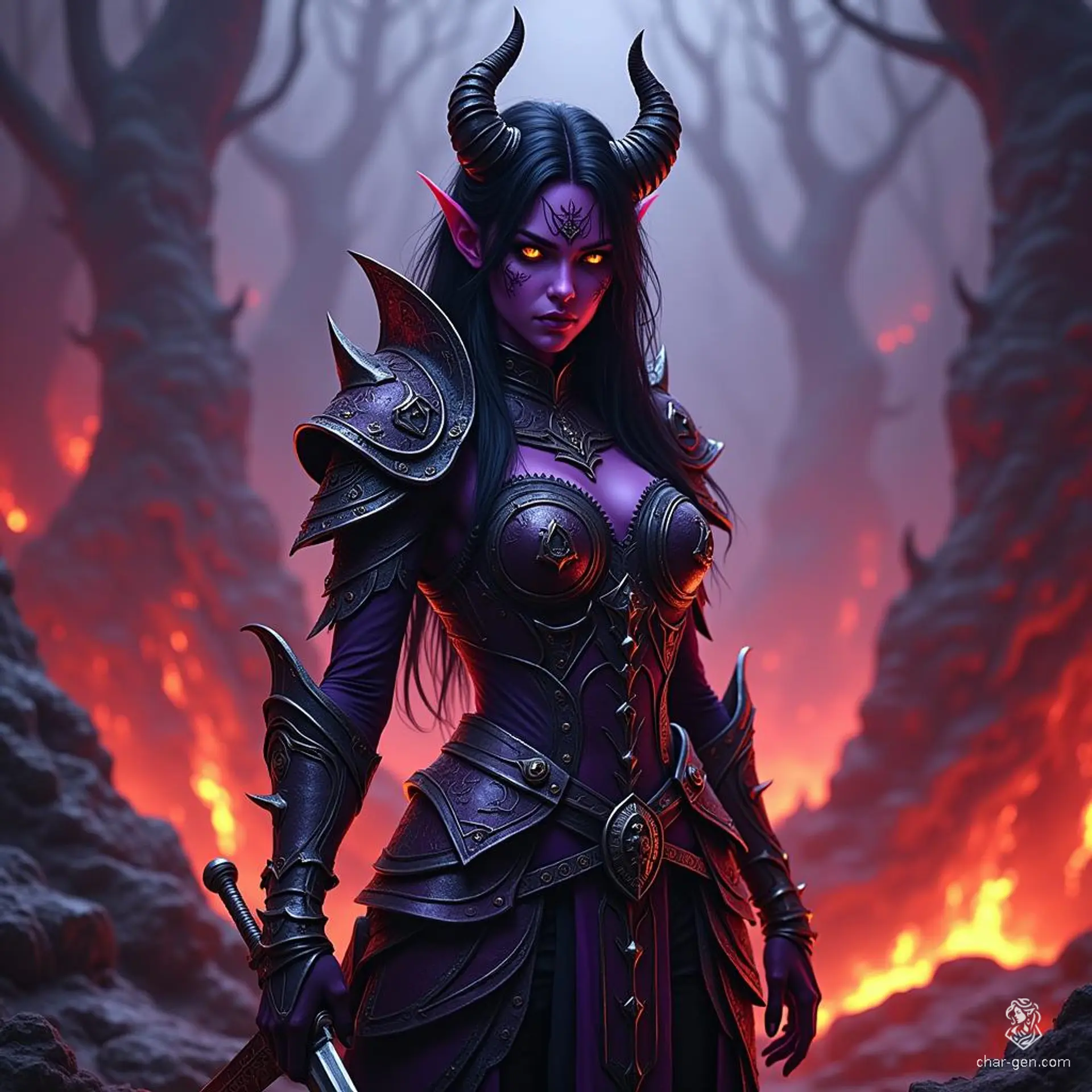 Criella The Fallen is a 32-year-old tiefling warlock with striking purple skin and yellow eyes. Standing at 6 feet tall, she possesses devil-like features, including horns and a long tail. Charismatic and cunning, she wields a dagger and wears intricately detailed leather armor, embodying independence and chaotic charm, while harboring a complex past with her mentor.