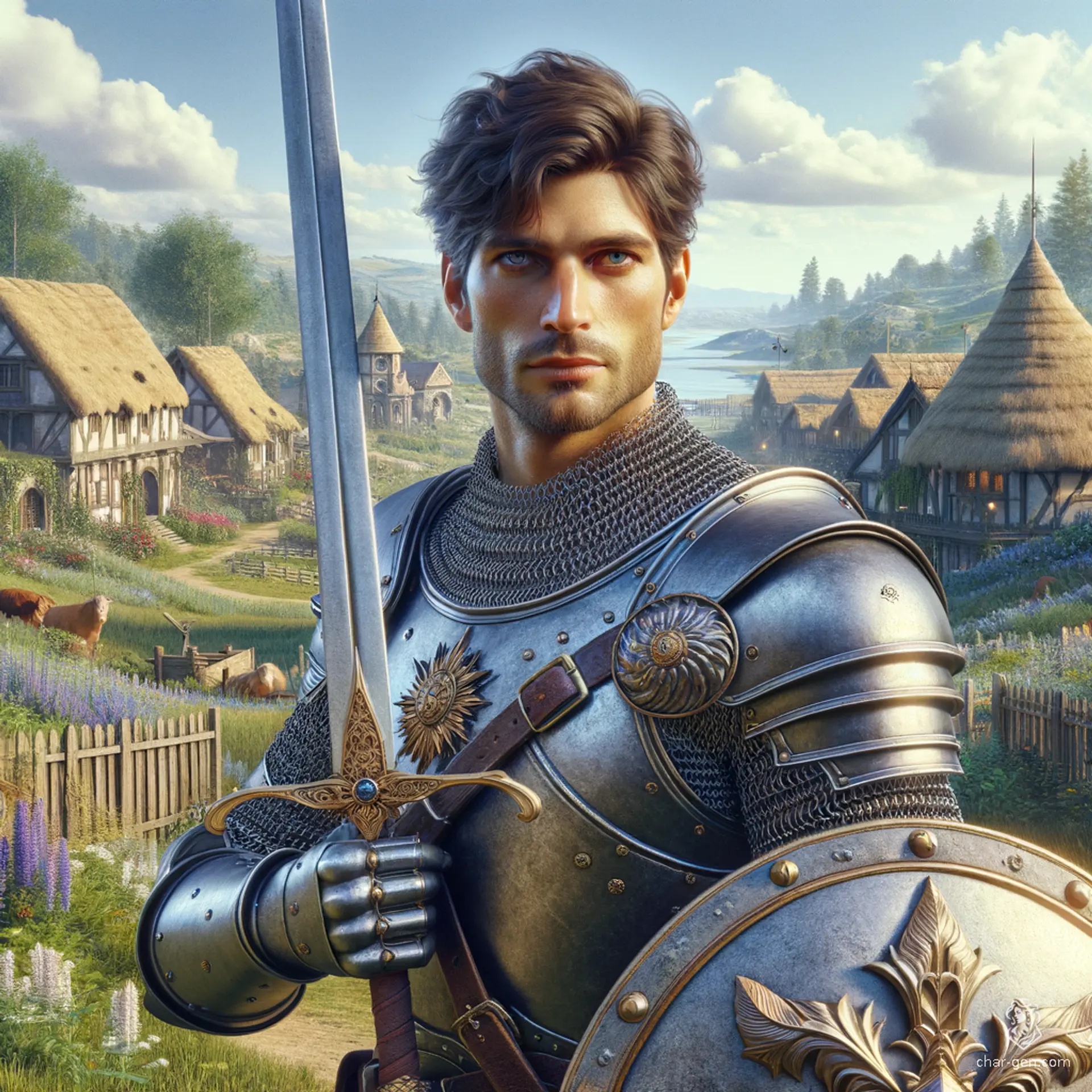Marcus Thorne, a 25-year-old, 6'4”, fair-skinned human Paladin, exudes a dignified aura and protective stance. Clad in chain mail with a prominent longsword and an intricately detailed shield, this charming knight's blue eyes reveal an unwavering loyalty to his sovereign. Inspired by Sir Galahad, Marcus struggles with a dark past of demonic possession.