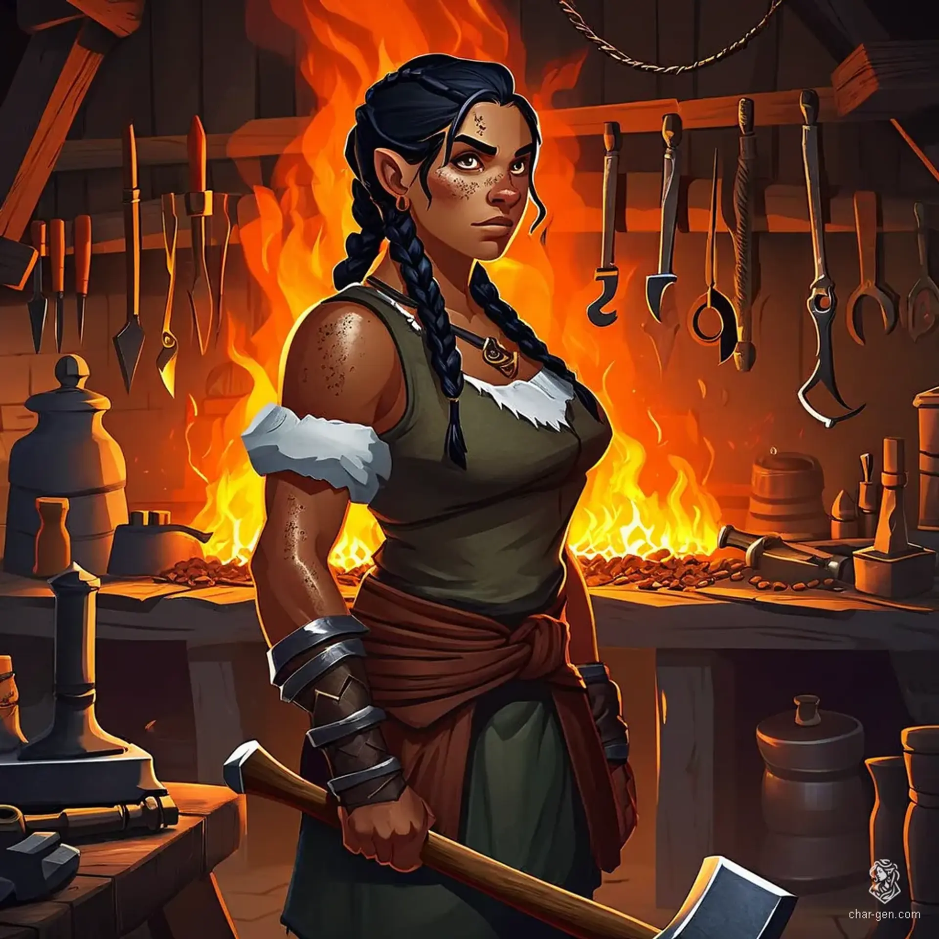 In the heart of a bustling forge, a strong, tan-skinned female dwarf blacksmith, around 30, hammers away at glowing metal. With long, braided dreadlocks and a single knot in her short beard, she embodies mastery and grit, surrounded by tools and the vibrant heat of her craft.