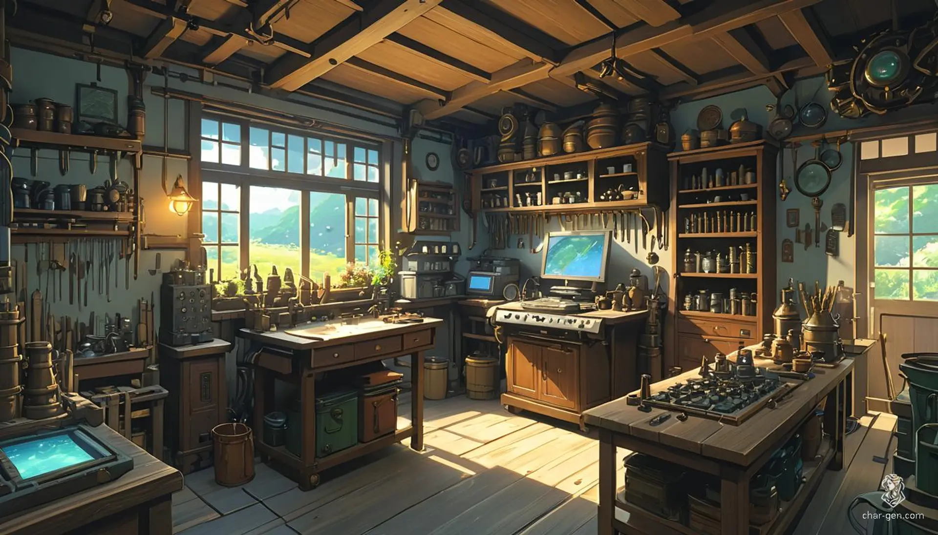 A high-fantasy tinkerer’s workshop brims with intricate gadgets and glowing magical artifacts. Bathed in a warm, inviting glow, the space radiates innovation. Ghibli-inspired details abound, creating an enchanting, meticulously detailed realm where imagination thrives.