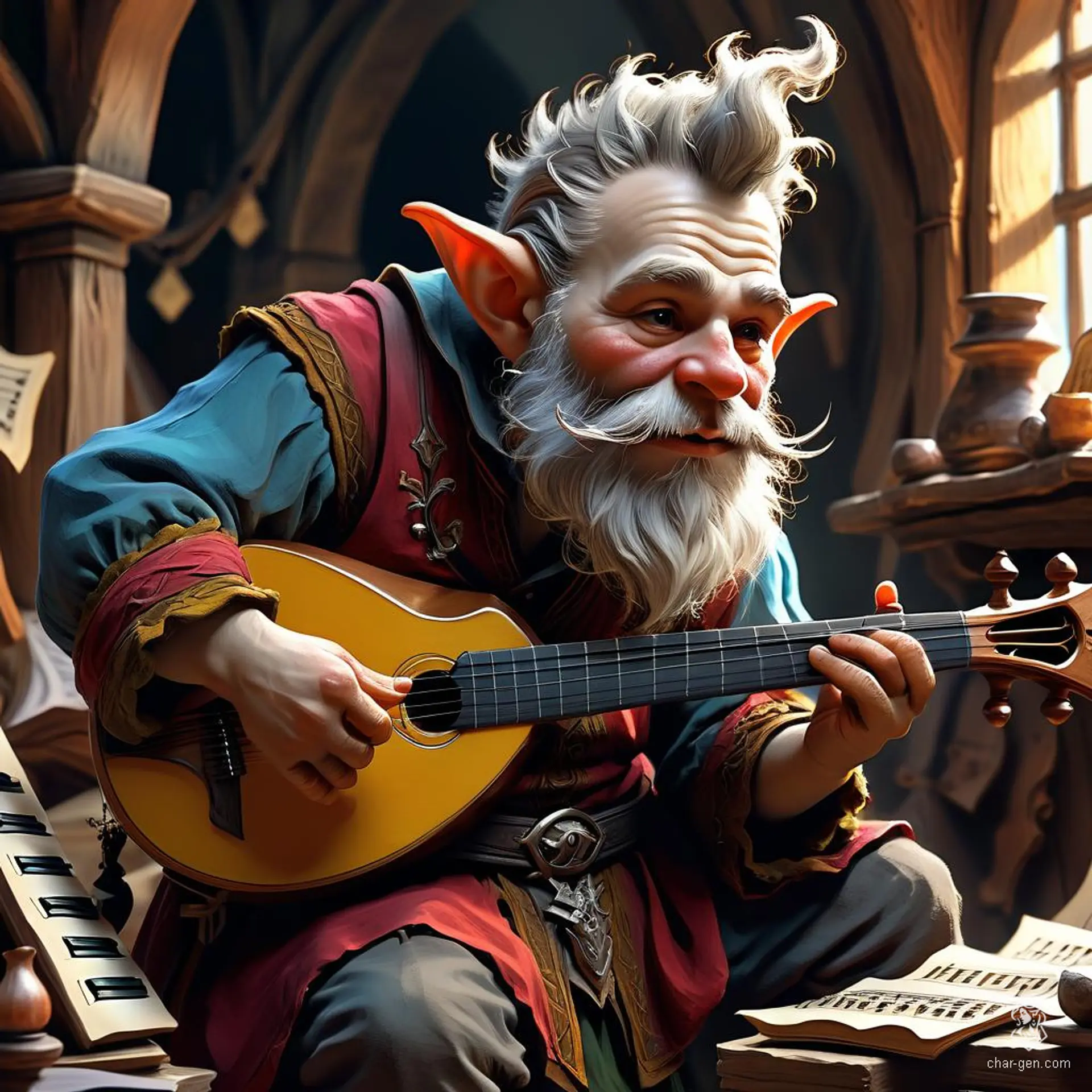 A small, grey-skinned male deep gnome bard with a freshly shaved head and face, expertly plays his lute or magical instrument. Surrounded by sheets of music, he gestures expressively, creating enchanting melodies that captivate all who listen.