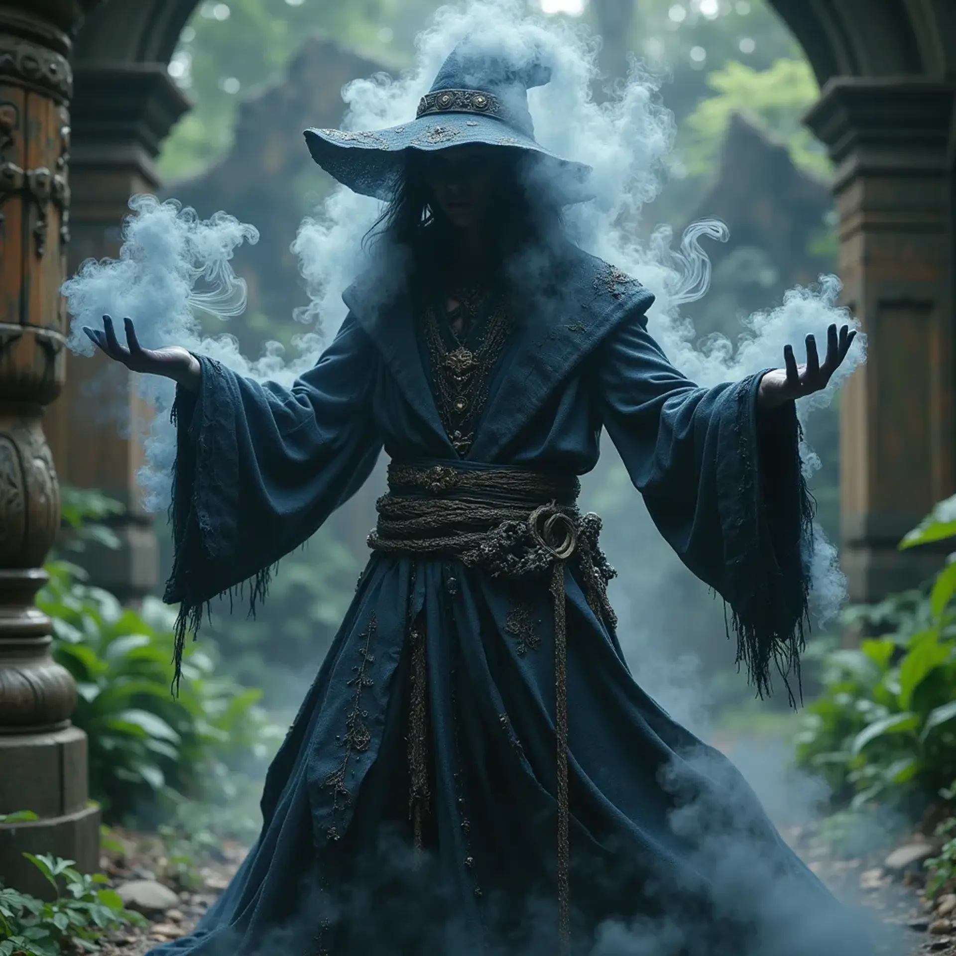 A shadowy wizard arises amidst jungle ruins, his form a swirling mass of translucent black smoke, cloak billowing like wisps of night. As he weaves a mystical spell, smoke coils through the air, blending with the ancient echoes of the forgotten world around him.