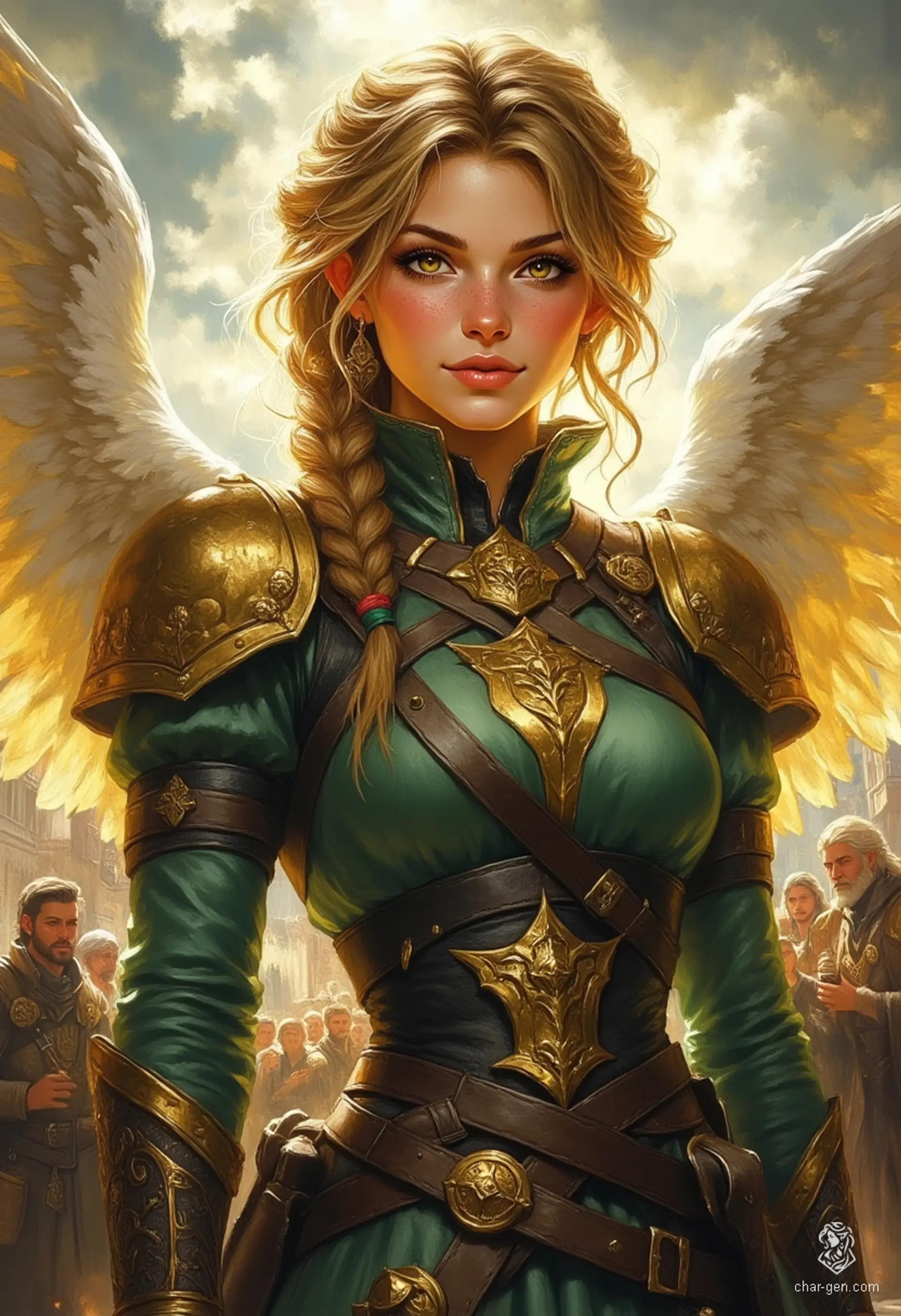 A striking portrait of a Sigarda, a radiant female angel adorned in green and gold armor. With flowing golden hair, glowing solid gold eyes, and pale skin, she floats gracefully against a vibrant sky. The dynamic lighting and rich colors create a stunning, otherworldly presence.