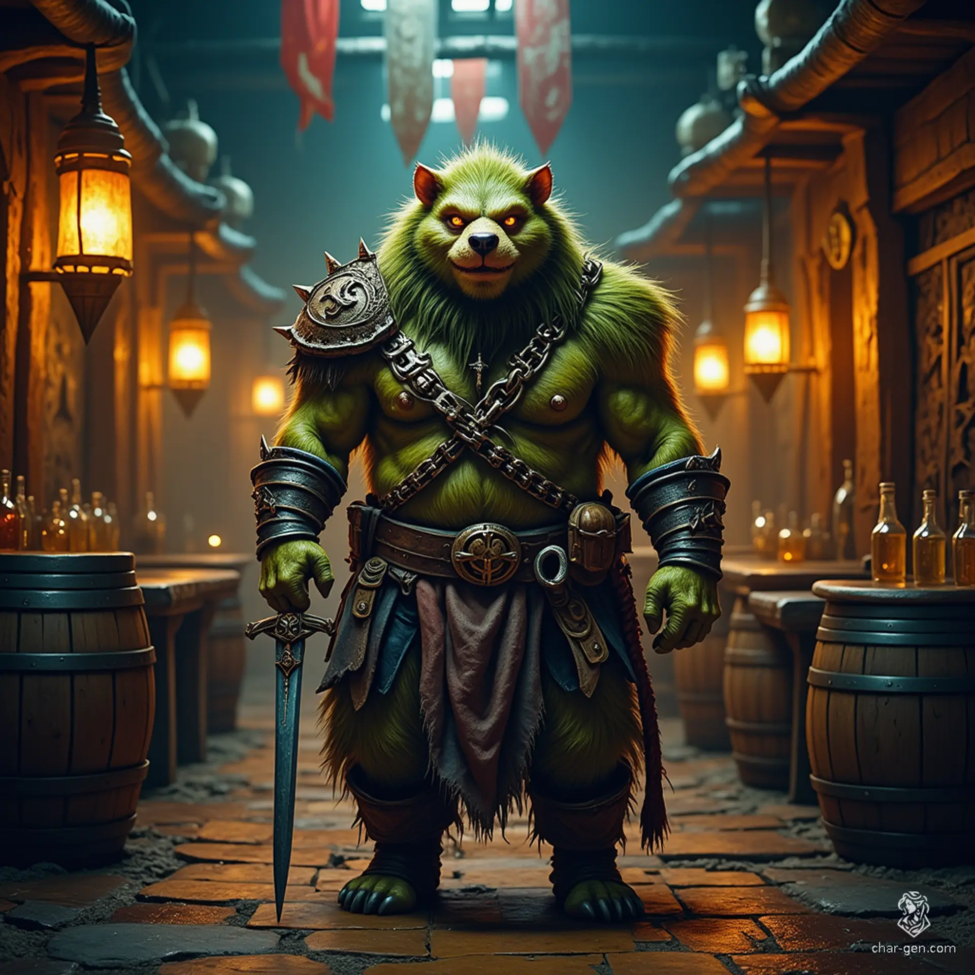 Zé Passarinho is a nimble, charming bugbear bard with a rugged exterior, fangs, and tufted ears. Clad in a detailed chain shirt and wielding a scimitar, this clever warrior captivates with both intelligence and charisma, thriving in the chaos of battle despite his unassuming strength.