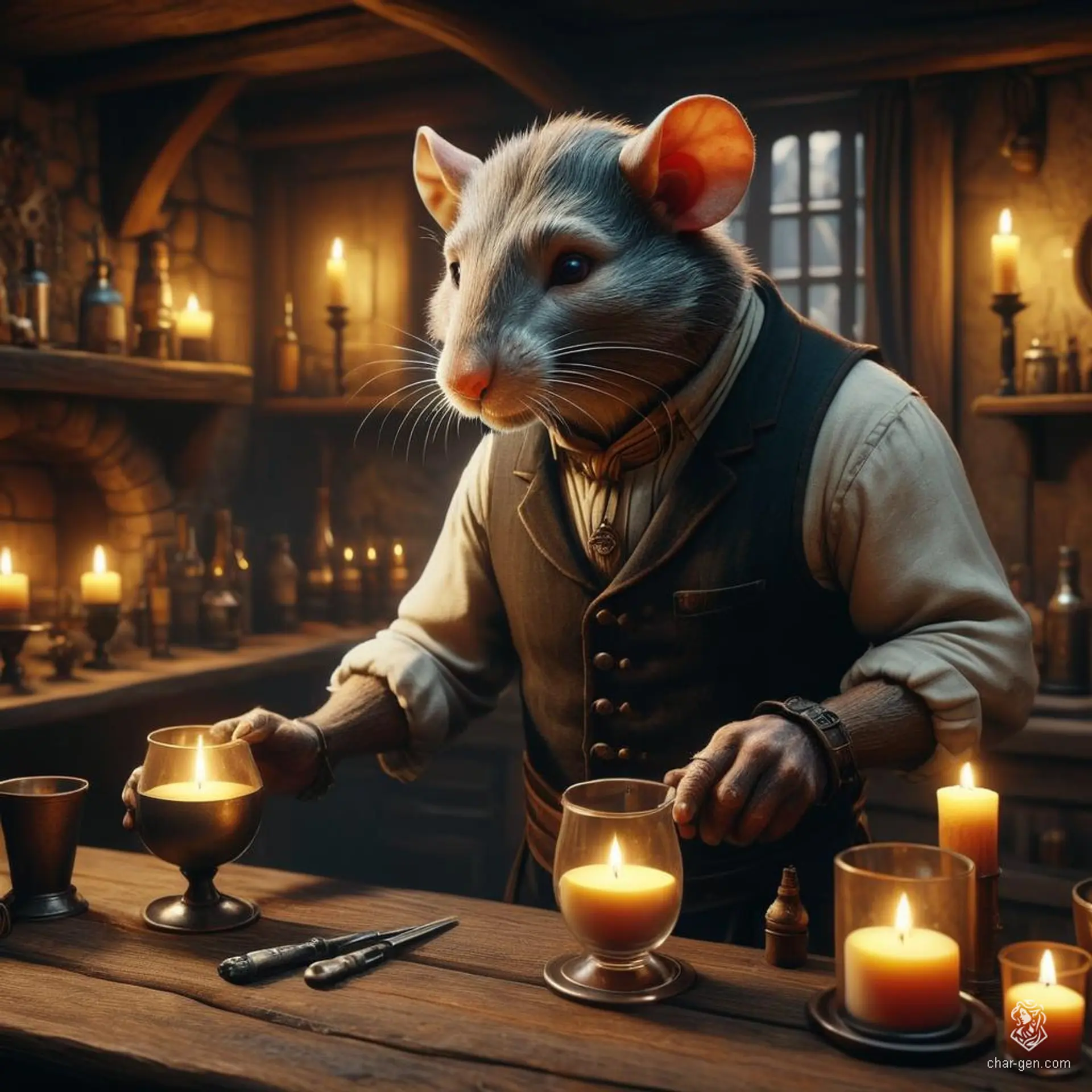This ratfolk innkeeper, a male anthropomorphic rat with a keen eye for tavern management, busily polishes glasses while attending to patrons. His rat-like features, complete with whiskers and ears, blend seamlessly as he navigates the bustling realm of rooms, meals, and ale.