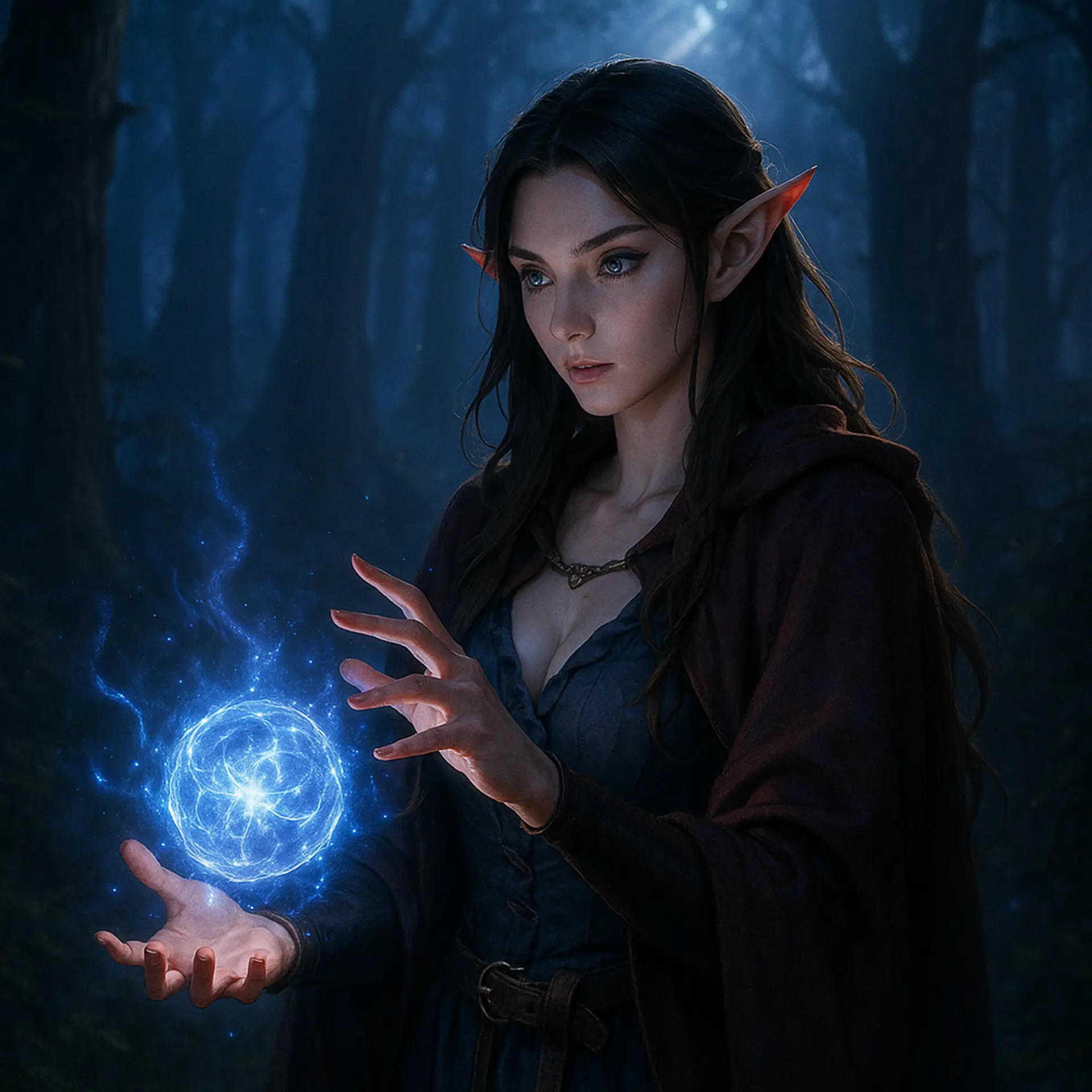 A female elven sorceress stands in a moonlit ancient forest, casting a glowing arcane spell. Her presence blends grounded realism with enchanting mysticism, highlighted by soft blues and purples, ethereal trees, and vibrant magical light, evoking a cinematic and mysterious medieval atmosphere.