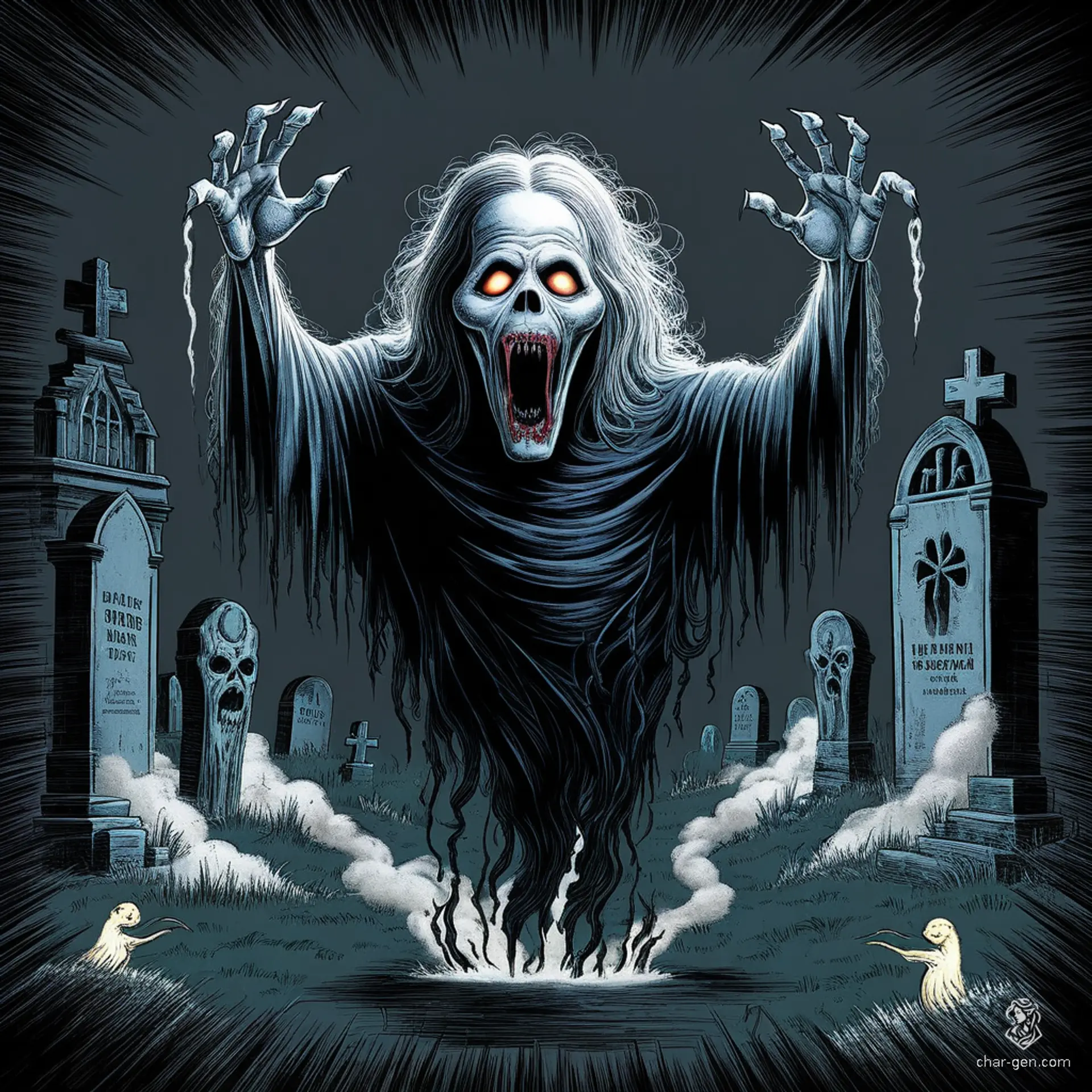 The Horrid Wraith is a spectral apparition with a wispy form and glowing eyes. Its pale, chilling skin drains the life force of the living, haunting those it encounters with a terrifying presence, leaving behind a lingering sense of dread.