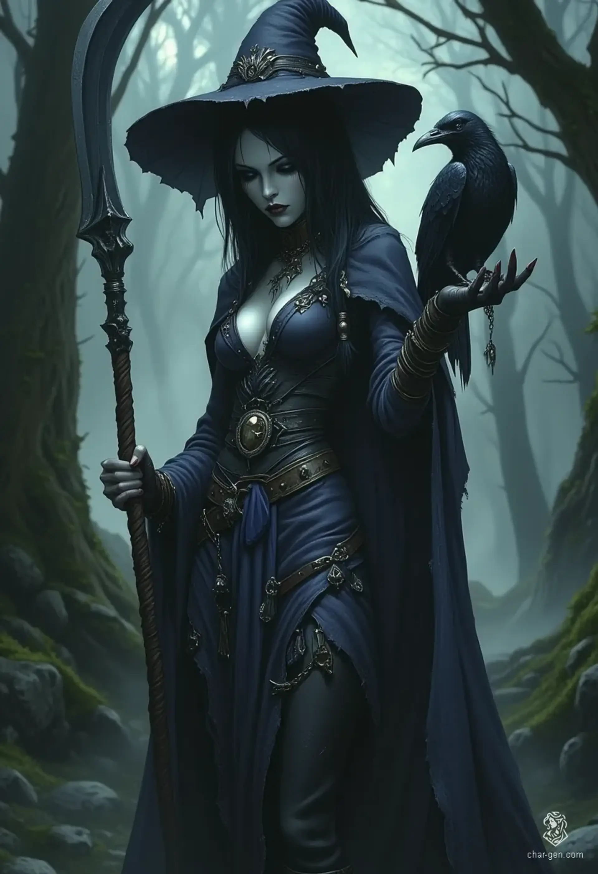 Branwen Umbra, a 230-year-old cleric, embodies a haunting beauty with alabaster skin that shimmers under the moonlight. Her onyx, smoke-like hair frames her delicate features while pupilless silver-black eyes reveal deep wisdom. Clad in intricate black robes, she wields a scythe and is accompanied by her raven companions, embodying both grace and arcane power.