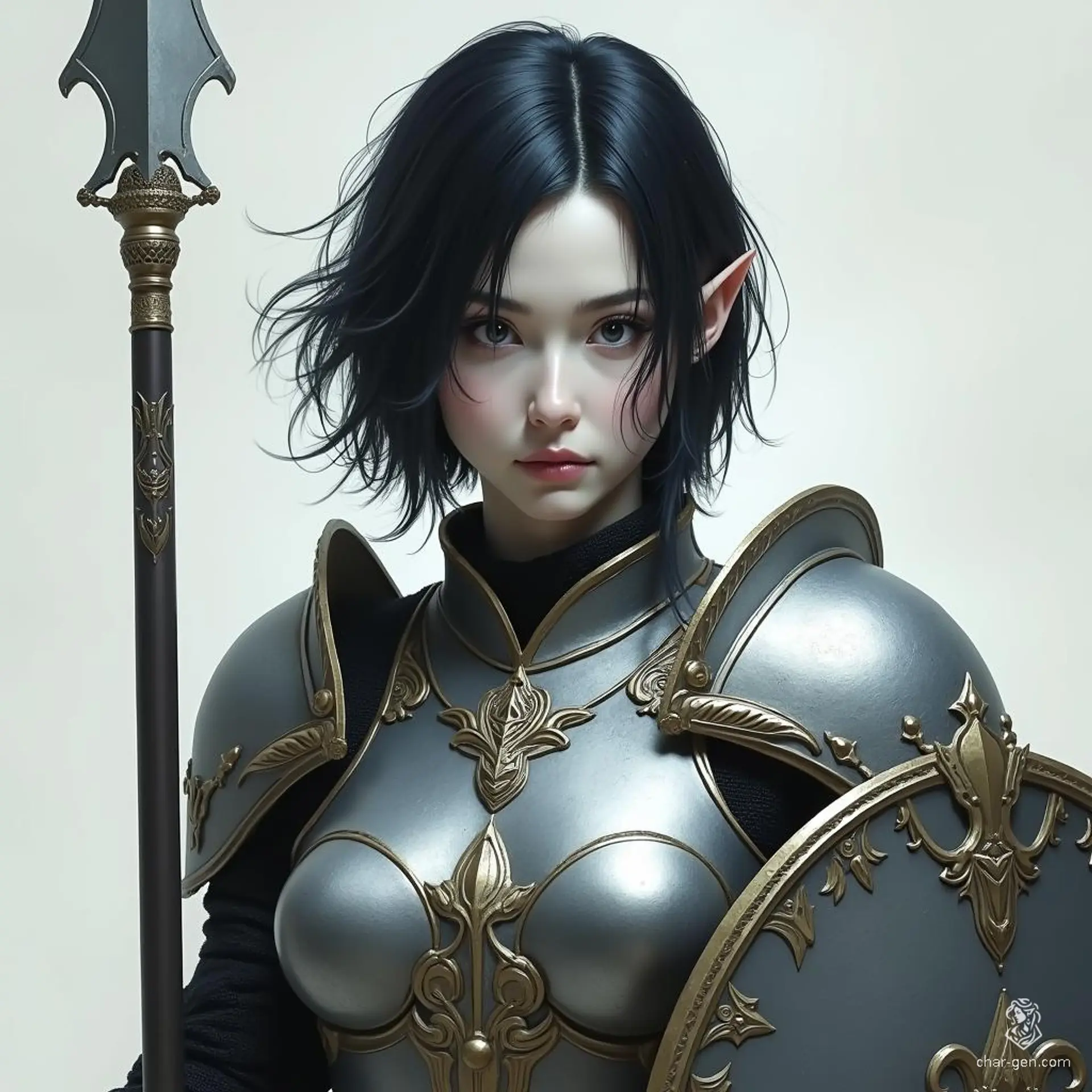 A formidable female shadar kai elf, she boasts short raven black hair and milky white skin, her coal-black eyes piercing through the darkness. Clad in gleaming silver full plate armor, she wields a spear and shield, embodying elegance and strength in battle. 
