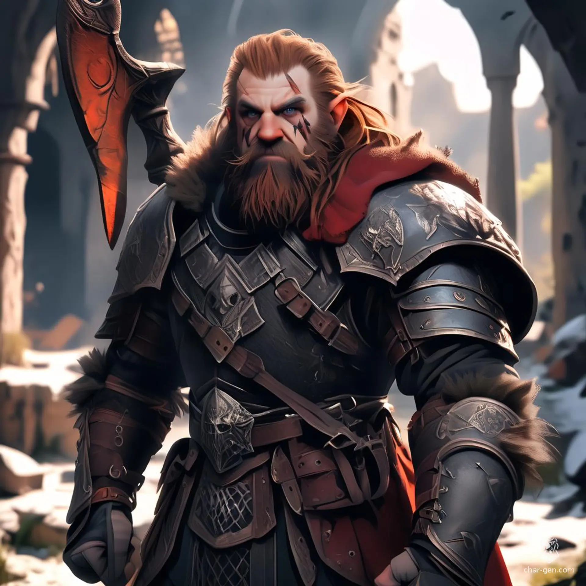 Tornak, a rugged male dwarf hunter, boasts vibrant red hair and a matching beard, complemented by dark skin. Clad in chainmail beneath a brown cloak and hood, he skillfully wields a bow or spear. As an artificer, his intricate goggles and mechanical devices aid him in tracking elusive prey through the forested peaks.