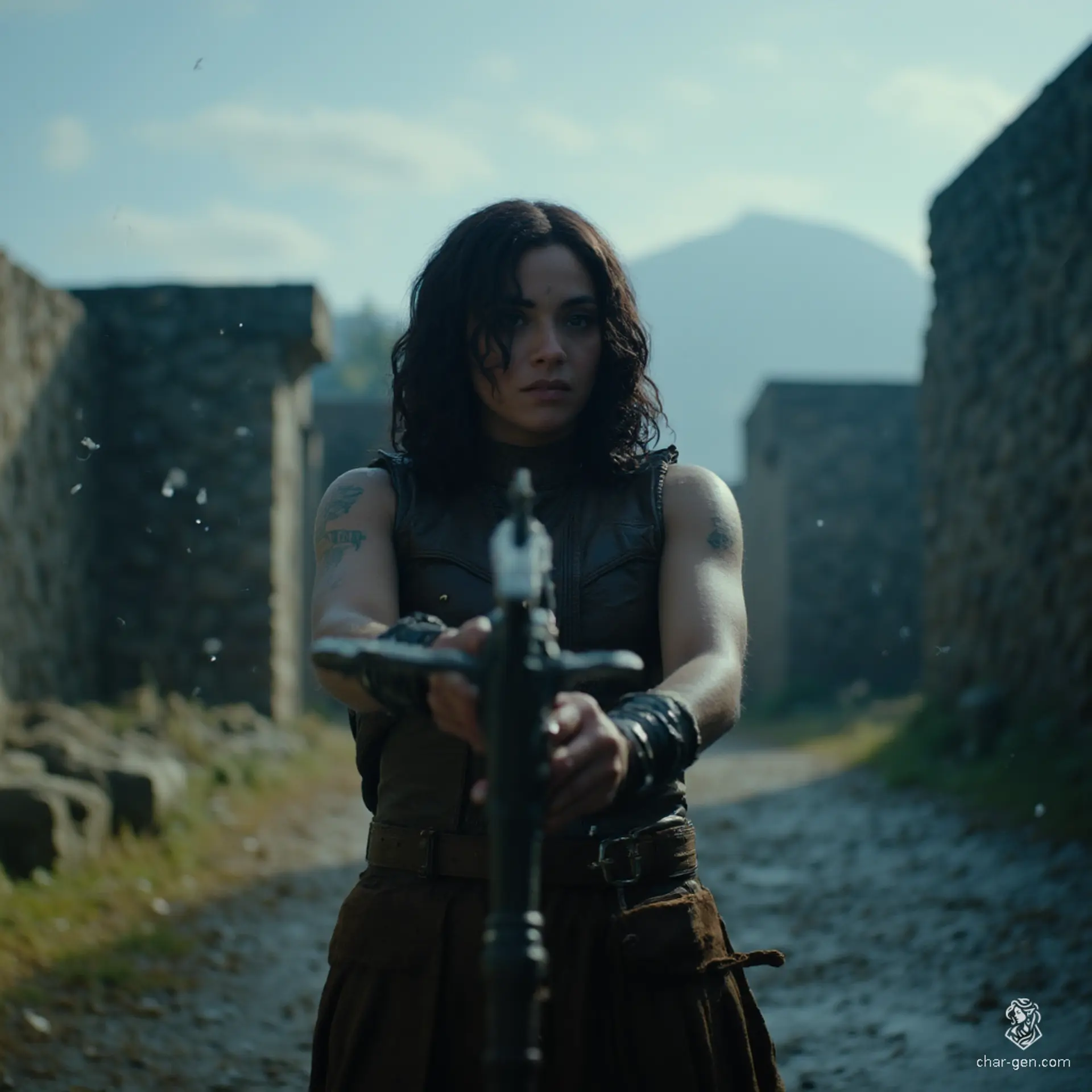 Izzy is a newly emancipated halfling assassin, exuding a blend of lethal grace and joyful malice. With medium-toned skin, shimmering green scale patches, and striking blue reptilian eyes, she skillfully loads her heavy crossbow in a snowy, tense atmosphere. Clad in fitted brown leather, her stealth and competency mark her as a formidable hunter.