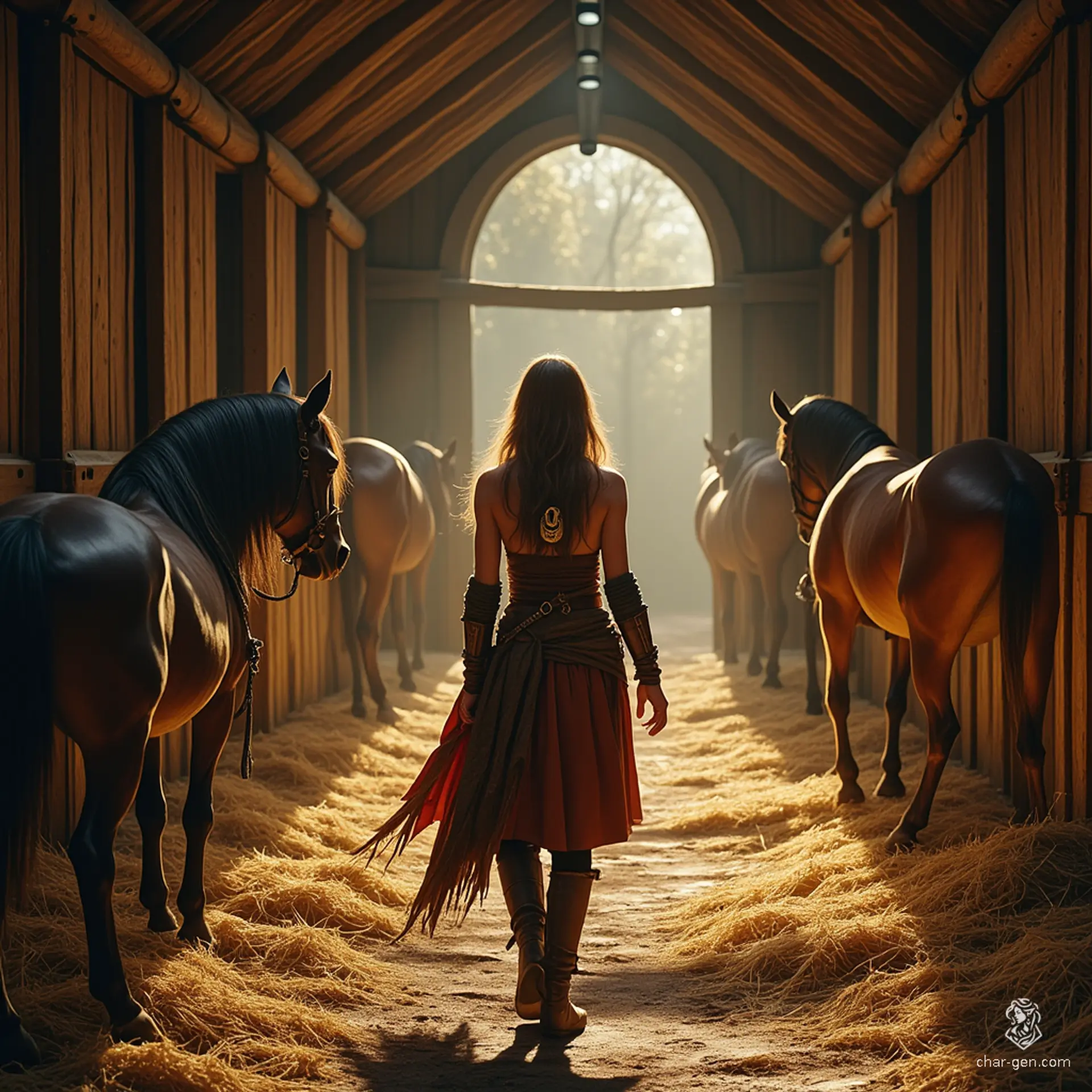 A tan-skinned female farrier with an athletic build, she expertly tends to horses while wearing a mystical amulet adorned with a horseshoe symbol. Her long hair flows gracefully, and her human features, including slightly pointed ears, hint at a unique, magical lineage.