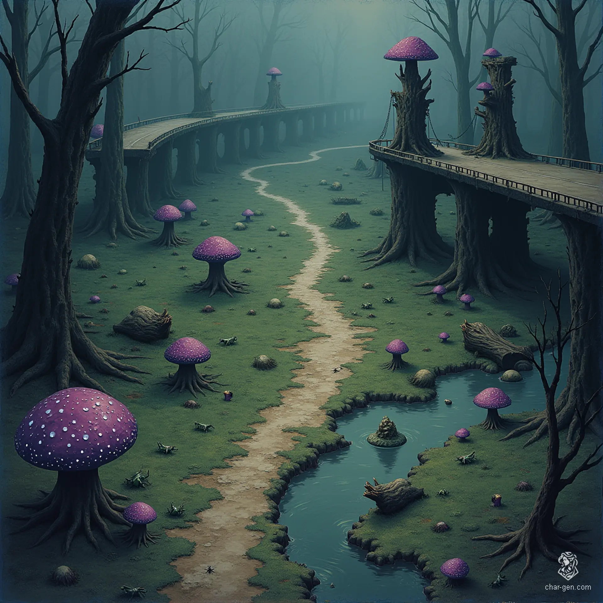 Venture into a murky swamp where sticky mud squelches beneath your feet and glowing crickets serenade the twilight. Tangled mangroves obscure pools of rippling water, while peculiar purple mushrooms cling to decaying logs. A broken highway bridge looms overhead, its pillars adorned with massive fay mushrooms, hinting at hidden secrets and lurking dangers. Beware the crossroads, a well-trodden campsite where curious adventurers have vanished without a trace.