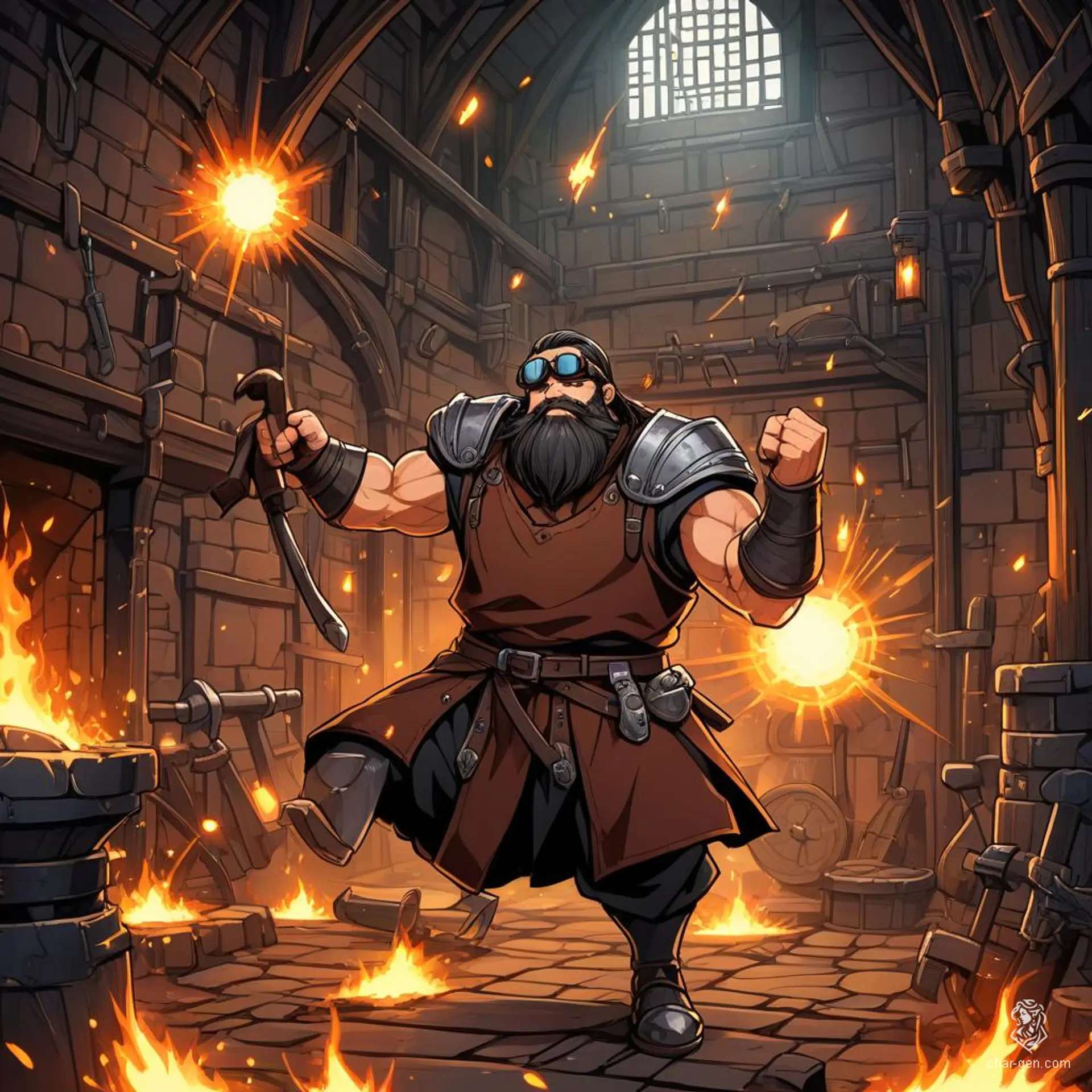 This male dwarf, an artificer and blacksmith, showcases his muscular frame amidst anvils and the forge's glow. Adorned with intricate goggles and surrounded by mechanical devices, his black hair and beard frame a face marked by burn scars.