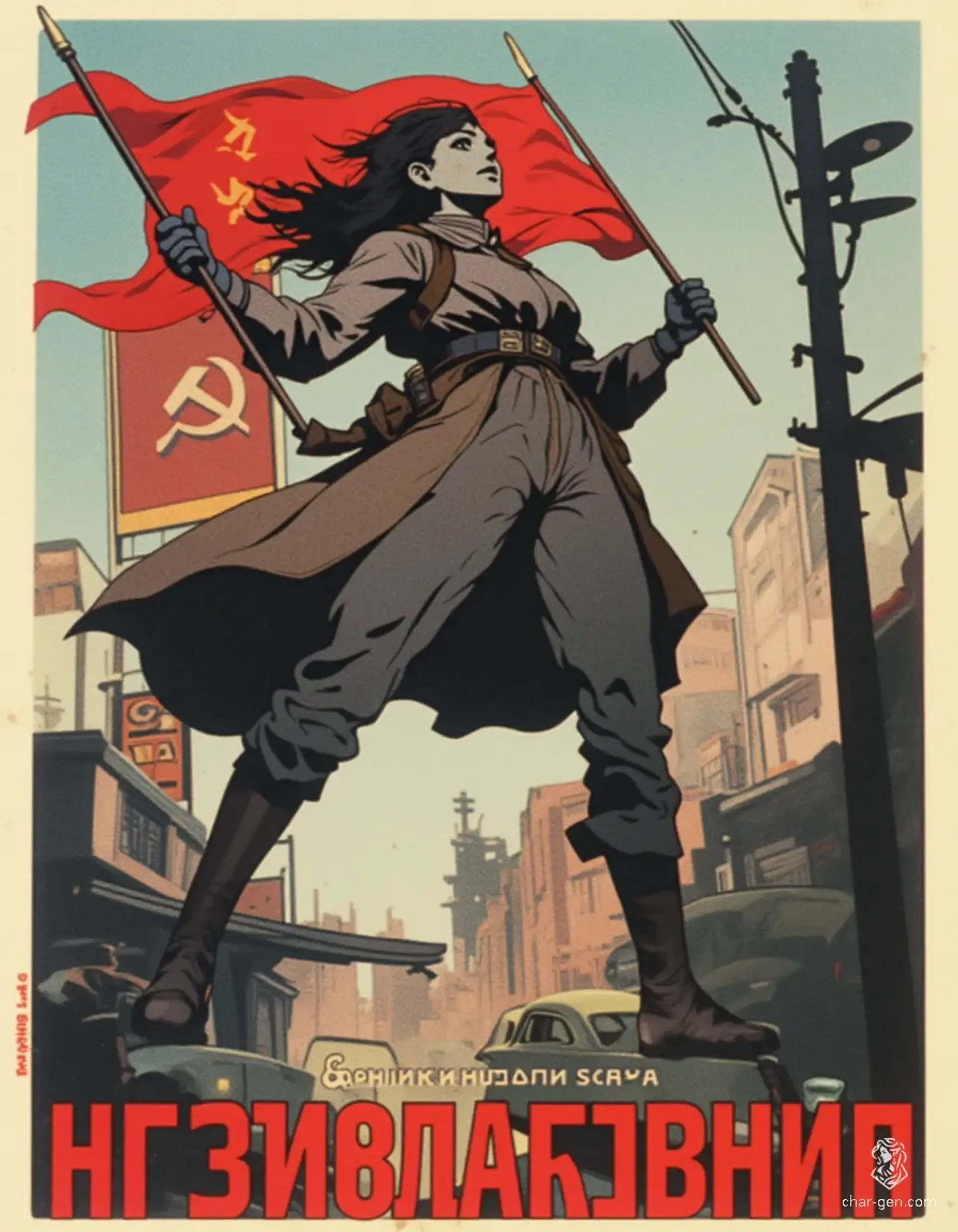 In a muted, 1940s USSR propaganda style, the vibrant young drow stands confidently in street attire, her grey skin and pointed ears accentuated as she waves a large red flag inscribed with "Американская свинья-собака." Her energetic gesture, symbolizing defiance, reflects the spirit of an era steeped in conflict and ideology.