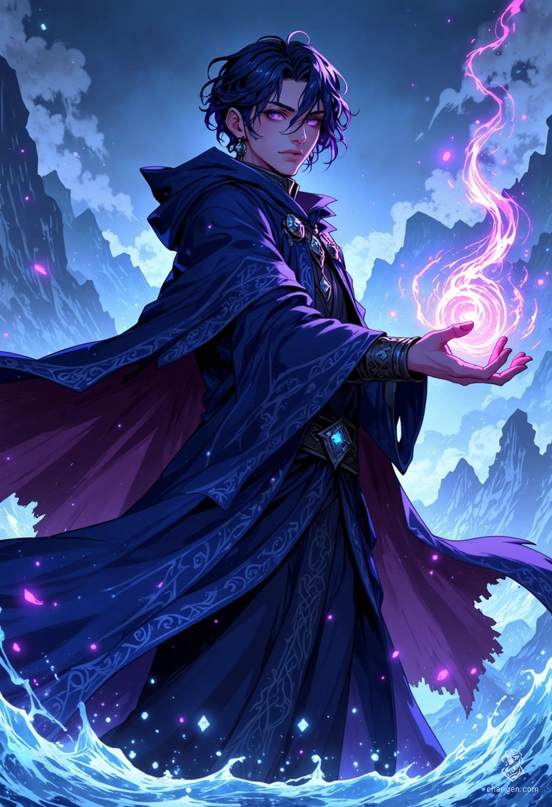 In a magical realm, a slender male sorcerer stands poised in an icy field, his dark blue robe billowing in the frigid wind. With glowing violet eyes and short, dark purple hair, he channels elemental magic, lightning crackling from his outstretched hands, embodying both beauty and power.