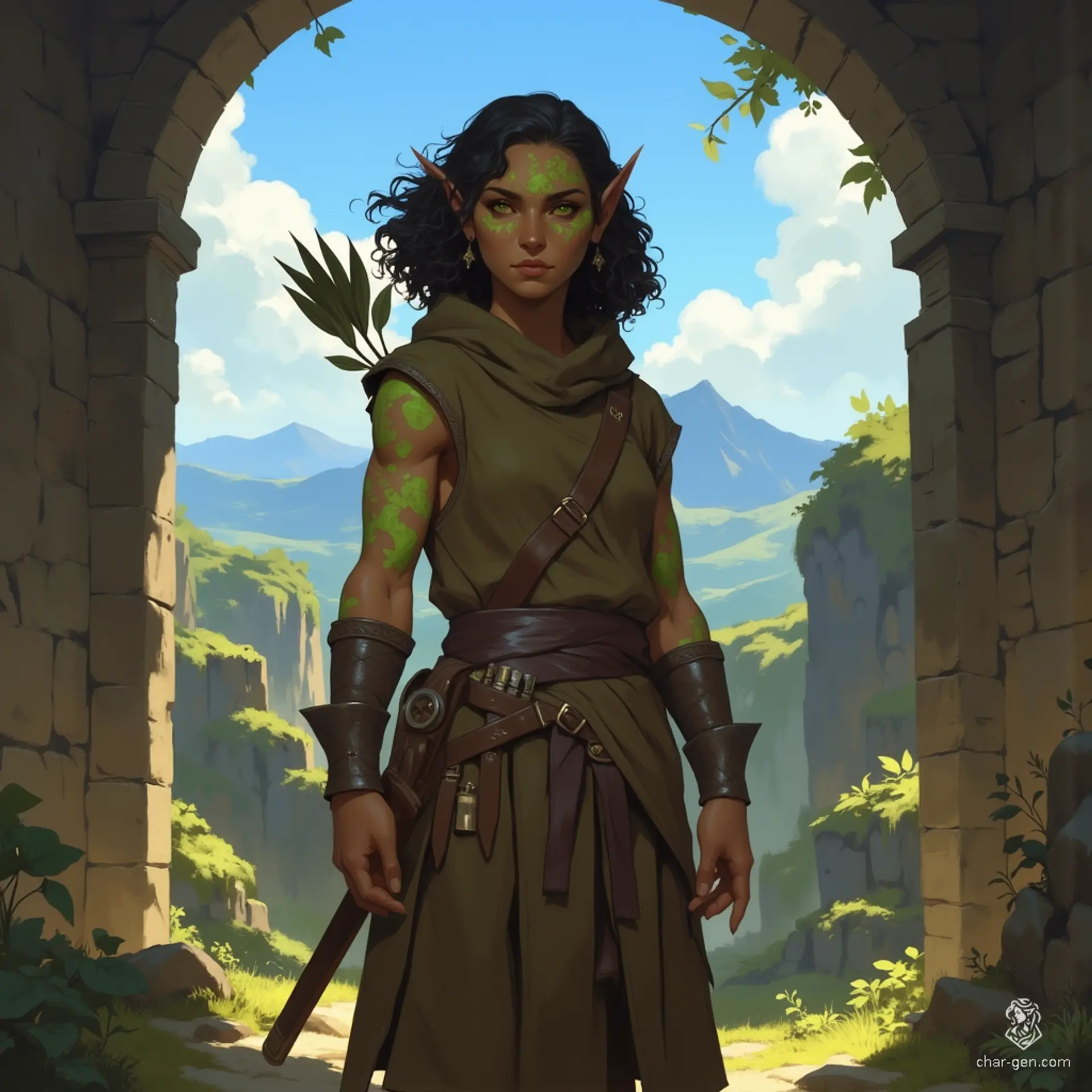Izzy, a newly emancipated halfling assassin, is a master of stealth and precision. With medium-toned skin adorned with emerald scales, bright reptilian eyes, and curly hair, she embodies grace and danger. Dressed in practical brown armor, she wields a heavy crossbow, exuding competence and a thrill for the hunt.