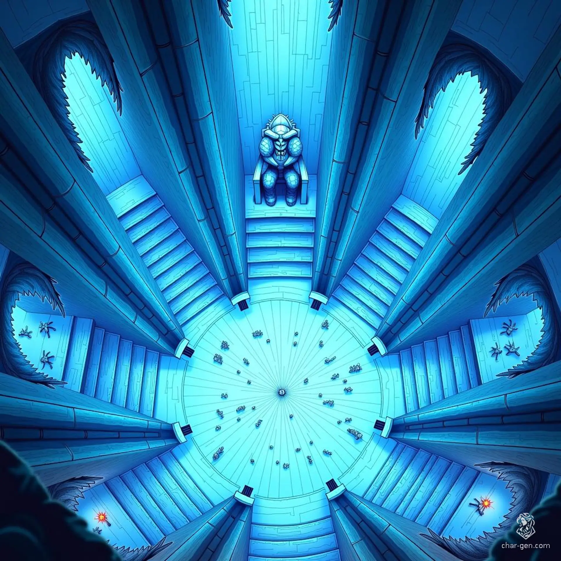 In a vast, frozen dungeon within a crumbling ice fortress, adventurers navigate slippery floors and hidden crevasses beneath translucent, icy walls. Jagged stalactites loom overhead as chilling winds howl through the chambers. At the heart lies a grand hall dominated by an ice giant, surrounded by prisoners and treacherous relics frozen in time, with secrets lurking in the shadows.