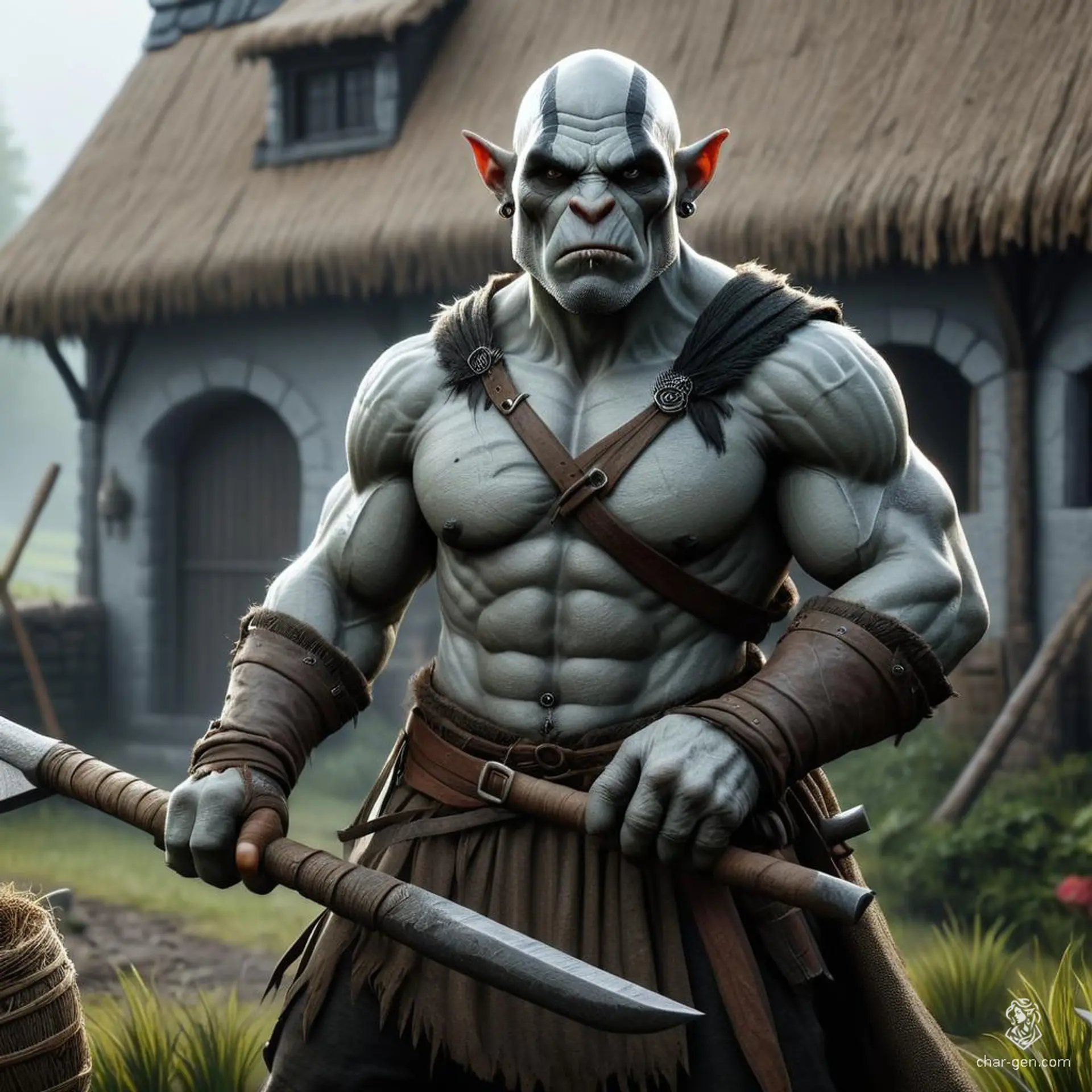 A half-human, half-orc male farmer with sleek black hair and heavy sideburns, wields scythes and hoes in the fields. His intimidating features—including tusks and grey skin—are offset by a moderate build and green undertones.