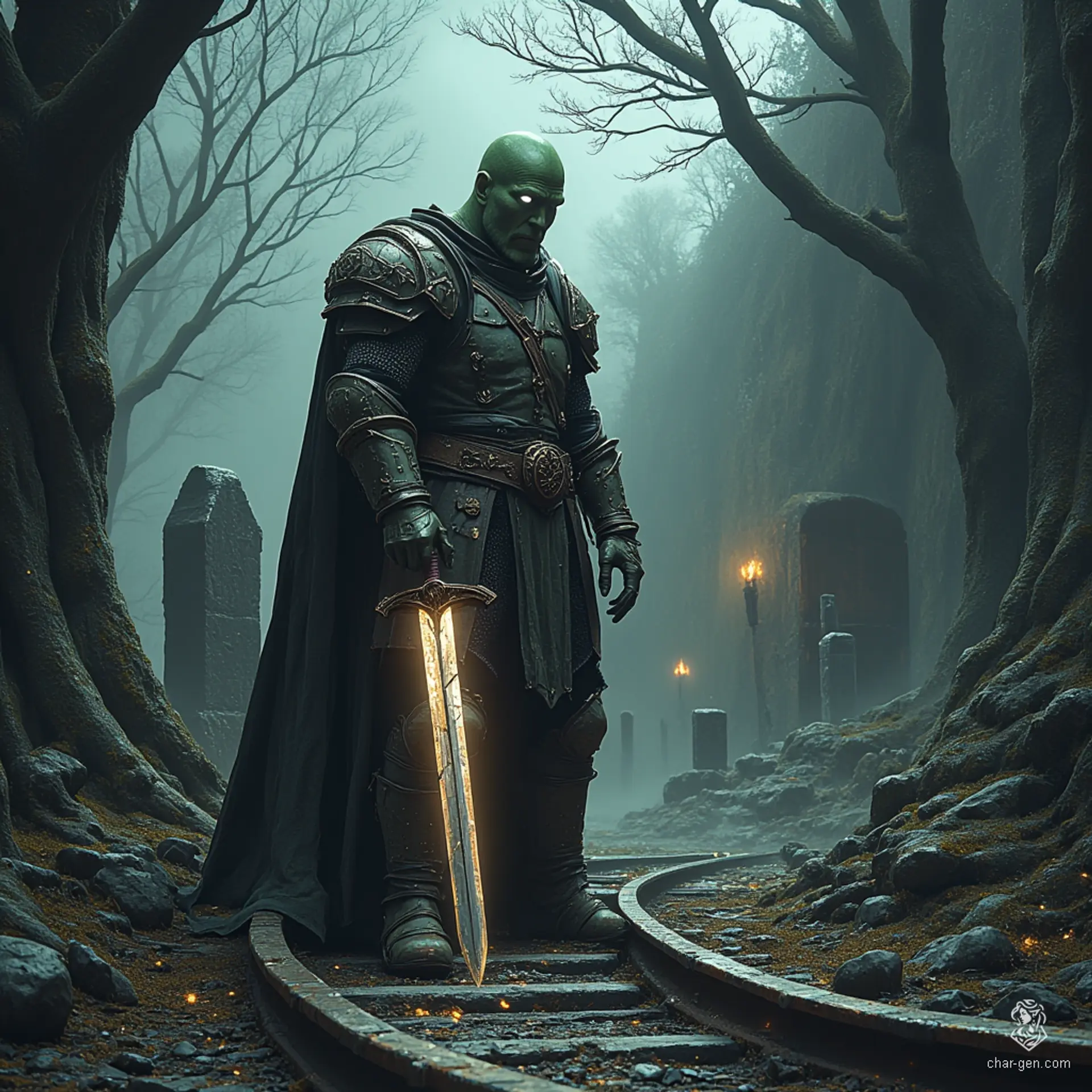 In the eerie embrace of a fog-laden graveyard, shrouded in whispers of Halloween night, stands an enigmatic guardian of the dead. Cloaked in shadows, their piercing gaze reflects ancient wisdom, while tombstones loom like forgotten secrets, setting the perfect stage for a tale of haunting adventures.
