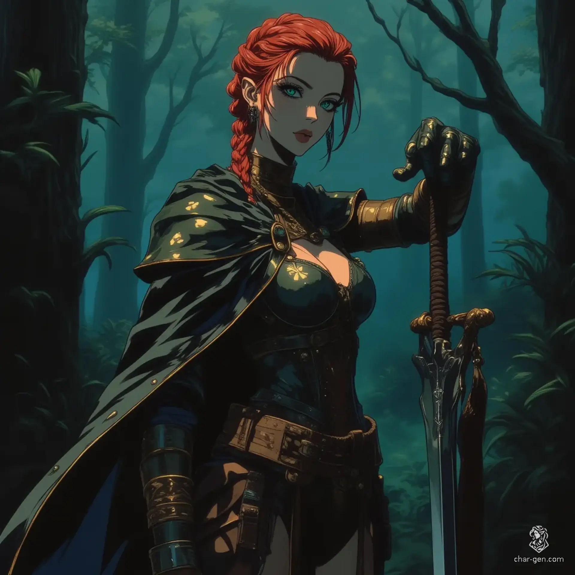 El-Laenora Swiftshadow, a captivating wood elf rogue, stands 5'6", her athletic frame clad in intricately detailed leather armor. With bold cherry-red hair braided and emerald eyes sharp as her rapier, she embodies agility and cunning. Shunning tradition, she dances through shadows, leaving her clan behind for a darker path.