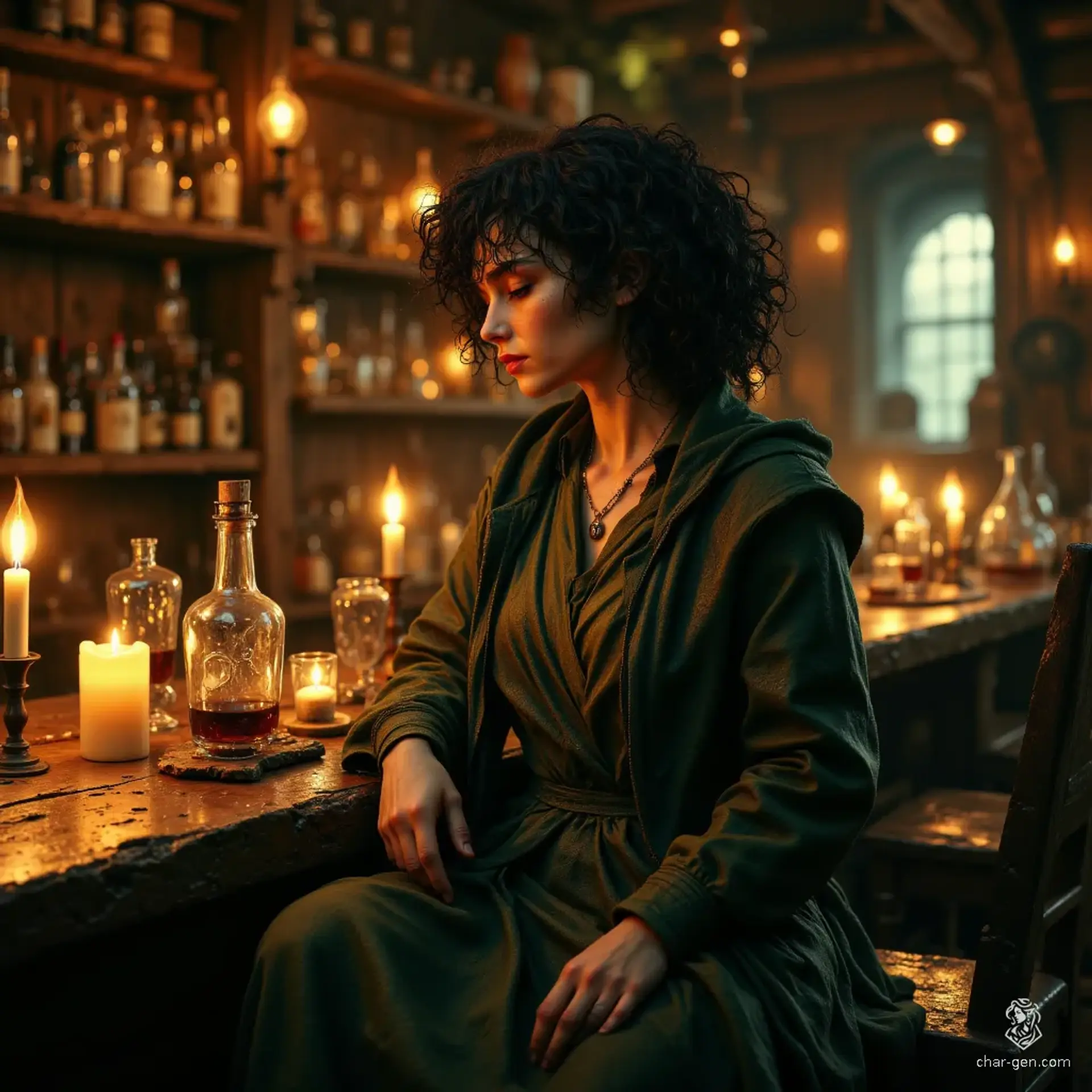 Tansy Grubwort is a spirited and plump 30-something druid of Chondathan heritage residing in Womford. With dirt-smudged cheeks and curly black hair, she smells like peat and pond water. Known for her loud and bold personality, Tansy is a beloved oddball, frog-catcher, and peddler of questionable “miracle tonics.”