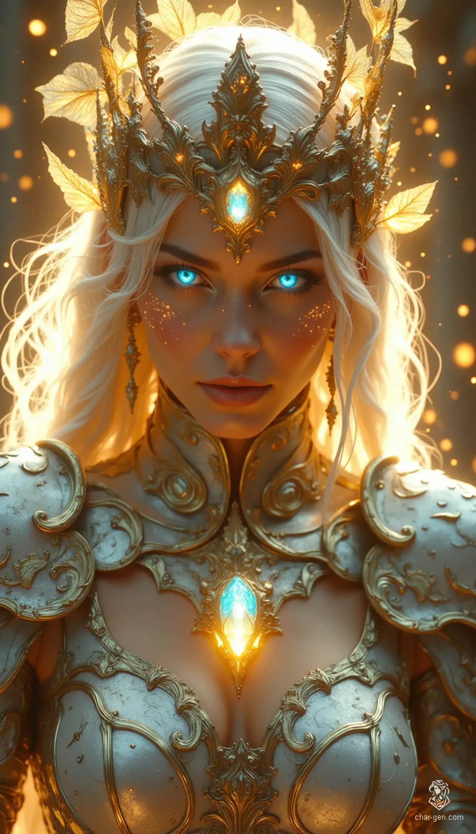 An ethereal beauty, she embodies magic with luminous white hair and glowing pale blue eyes. Adorned in crystalline armor adorned with golden foliage, her presence is captivating. A symphony of light and shadow enhances her otherworldly allure, combining hyper-realism with fantasy artistry, making her the essence of enchantment.
