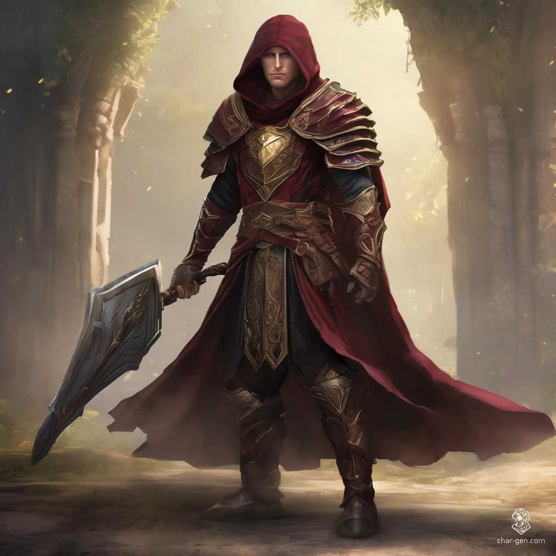 A stoic male elf donned in heavy armor exudes an aura of enigmatic strength, his presence accentuated by a deep burgundy hooded cloak with intricate gold detailing. The hood is drawn up, casting shadows over his keen, watchful eyes.