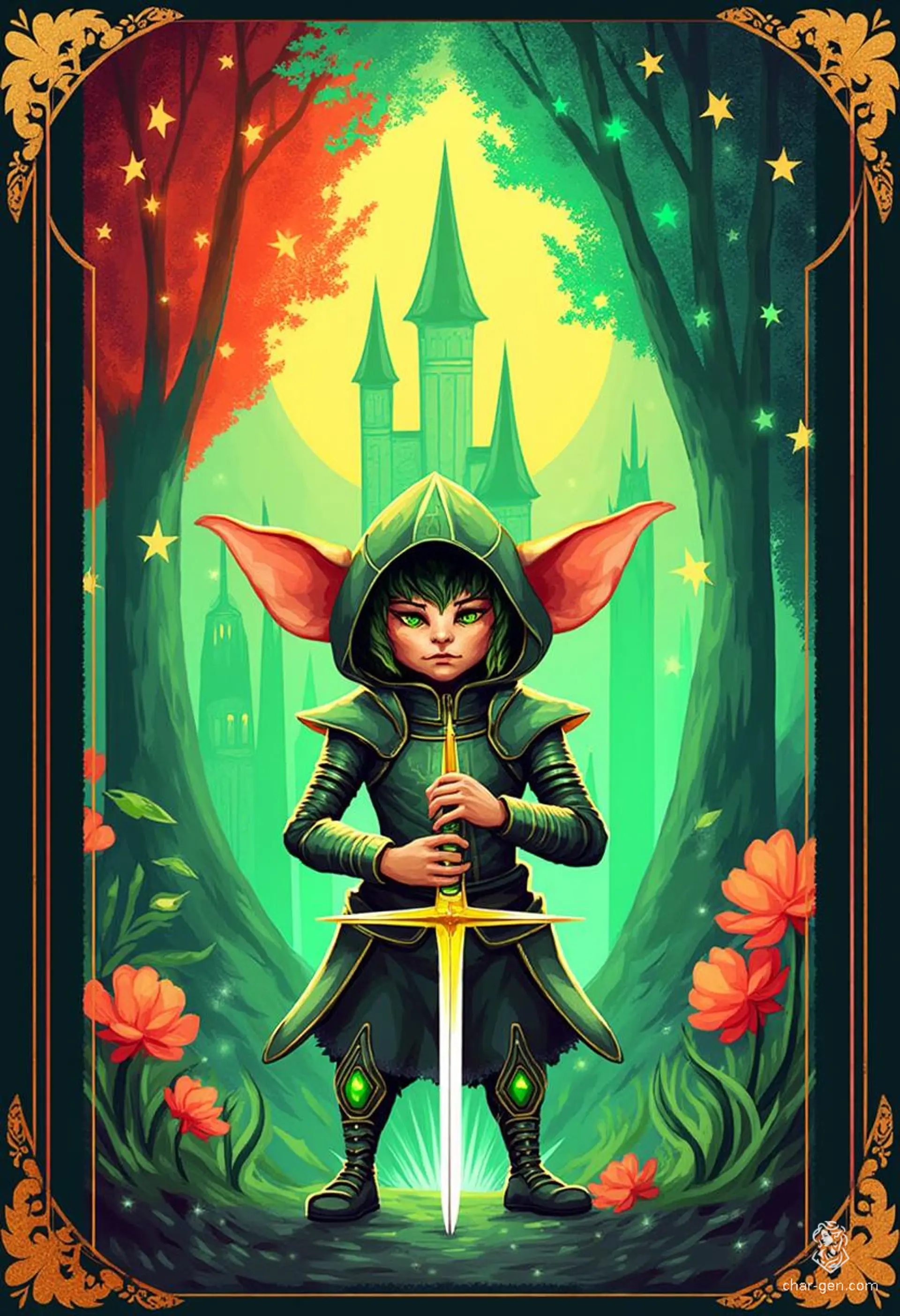 Bittles is a nimble goblin rogue, with a sly grin and a glint of mischief in their bright, green eyes. Their intricately detailed leather armor hugs their small frame, while a slender, green-gemmed dagger gleams in their strong grip, ready for any challenge.