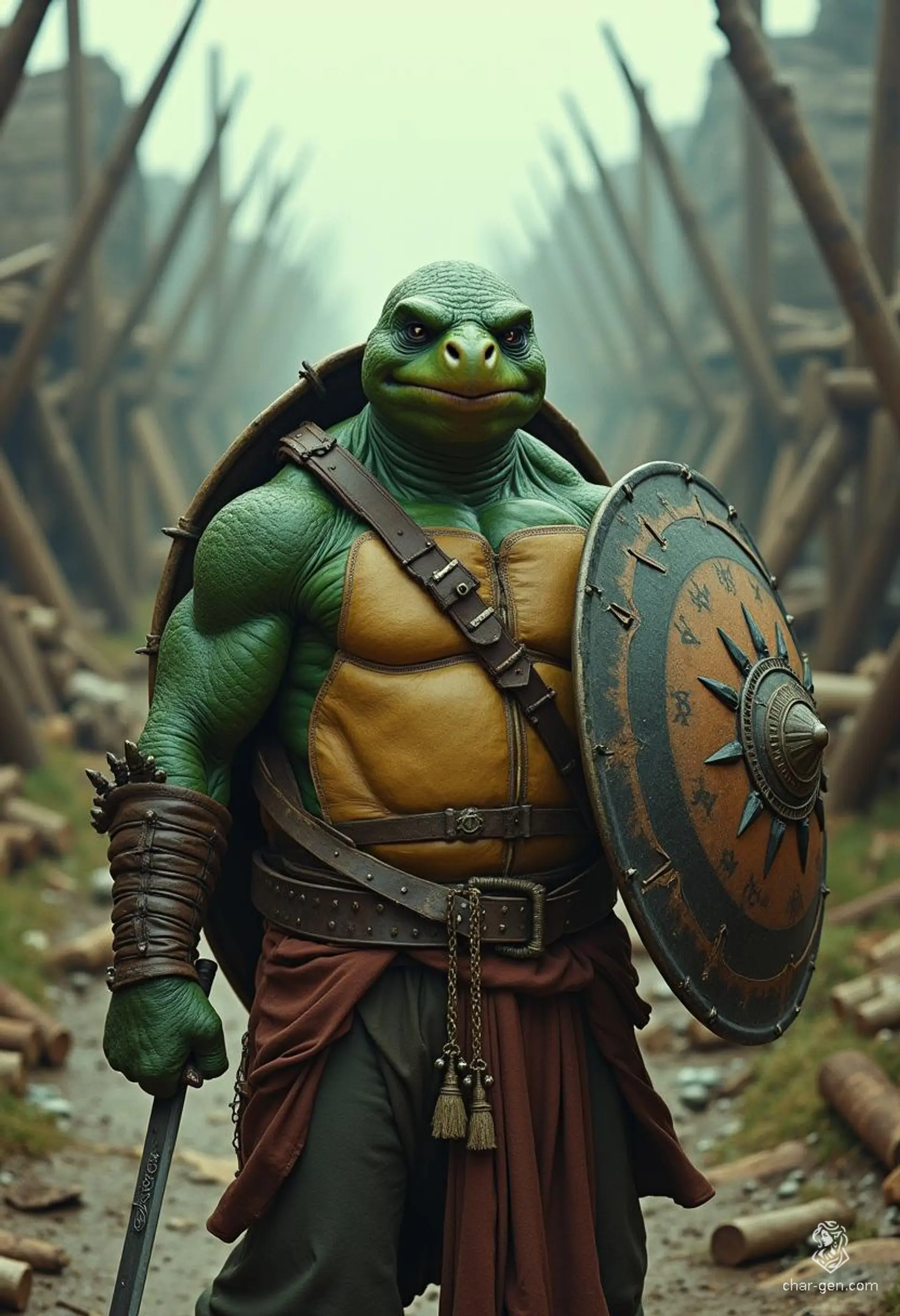 Snaps is a 5'10" charming tortle sorcerer and pirate, adorned in enchanted garments and arcane sigils. With his sturdy shell, vibrant green skin, and striking black eyes, he wields lightning's power and a formidable dagger. For Snaps, the sea embodies freedom, and courage is his unyielding creed.