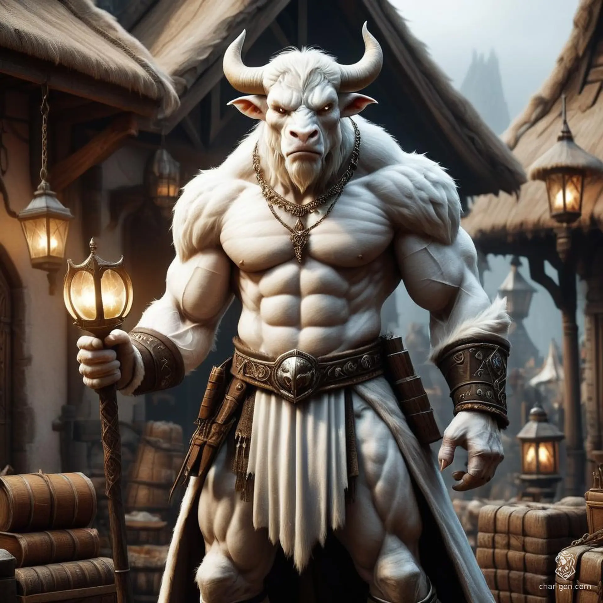 A towering albino minotaur with stark white fur and a bull's head stands out, holding a book instead of an axe. Clad like a merchant, he wears a prominent necklace adorned with five massive gothic lanterns, contrasting sharply against his distinct white skin.