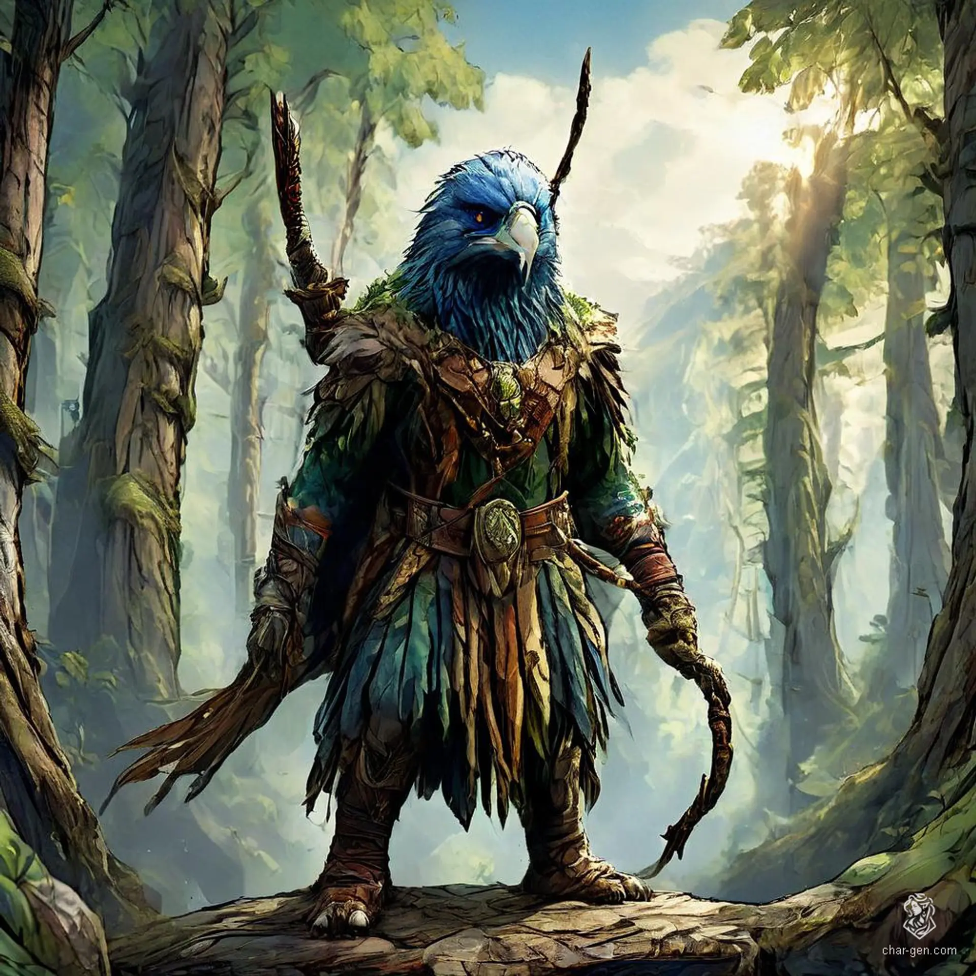 A male aarakocra Ranger, this bird-like humanoid boasts sharp feathers and a beak, equipped with quintessential ranger gear. His keen eye and swift agility make him a formidable guardian of the natural world.