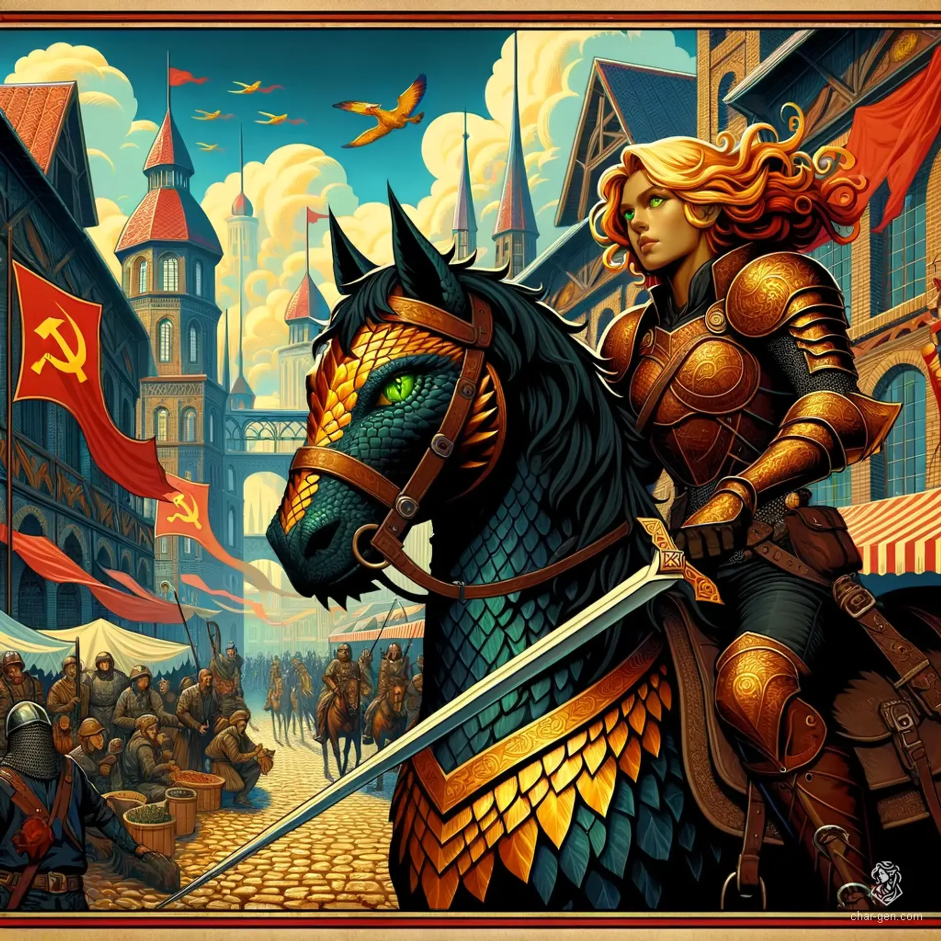 Shanyn, a 20-year-old fighter of noble lineage, stands tall at 6'2" with freckled gold-scaled skin and striking green eyes. Armed with an intricately detailed longsword, she rides a powerful black stallion clad in ornate barding. Beneath her strong exterior lies the secret of her true dragon heritage.