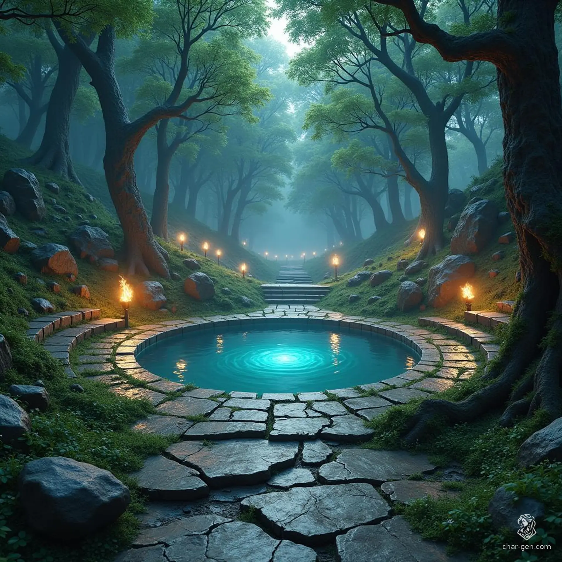 Nestled within a tranquil woodland, Lover's Glade enchants with its concentric stone steps encircling a serene central pool. Eerie, dancing lights twinkle beneath the lush canopy, enhancing the glade's ethereal charm. Soft whispers of the eastern stream add to the magic, promising safety and solace beneath the gaze of Sune.