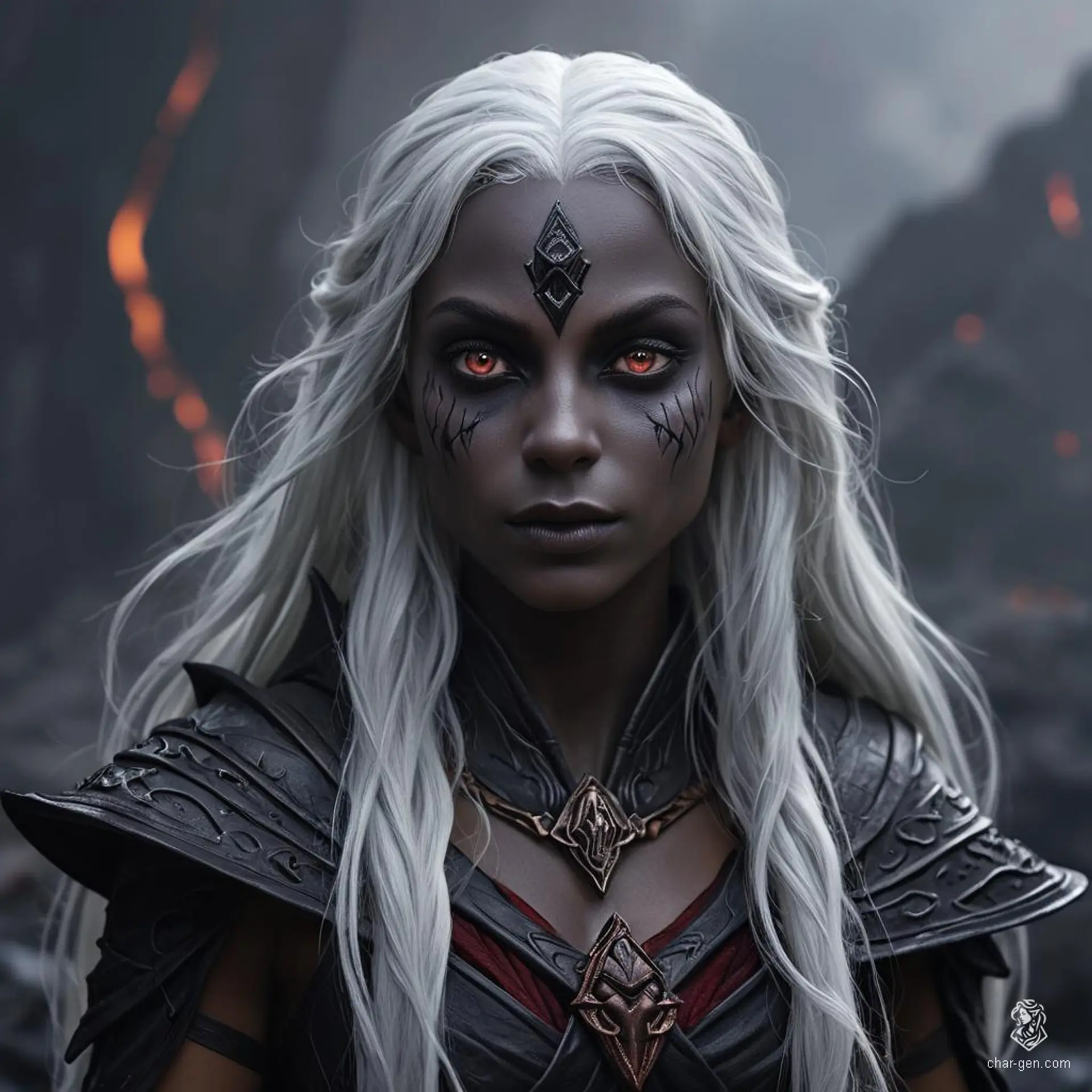 A serene and fluid dark elf monk, with striking tan-grey skin and contrasting bright white, long hair. Her calm expression and toned physique are complemented by deep purple eyes. A poised and disciplined female warrior.