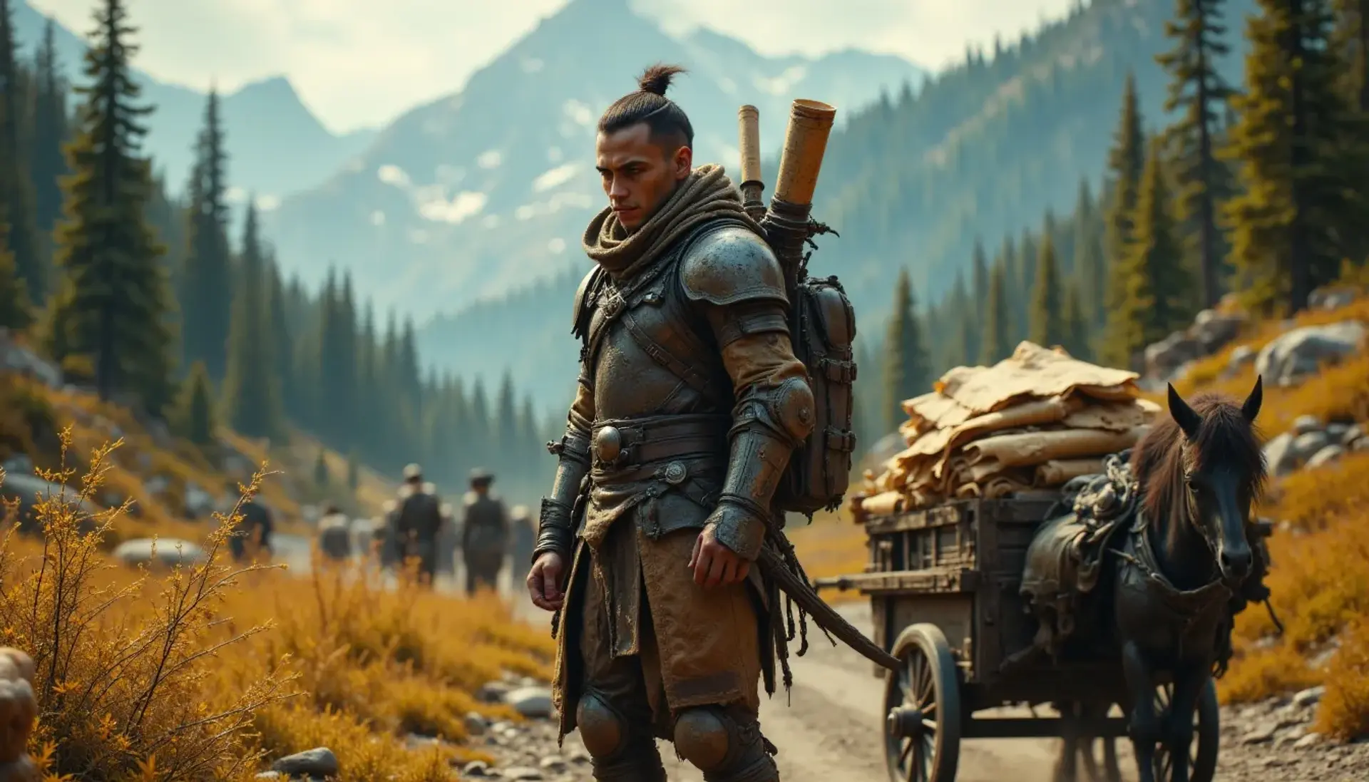 A confident young male kender fighter with a top knot, skilled in a variety of weapons and cartography. Playful and curious, he charts unknown lands surrounded by rolled parchments and compasses, his medium-toned skin reflecting a bold and adventurous spirit.