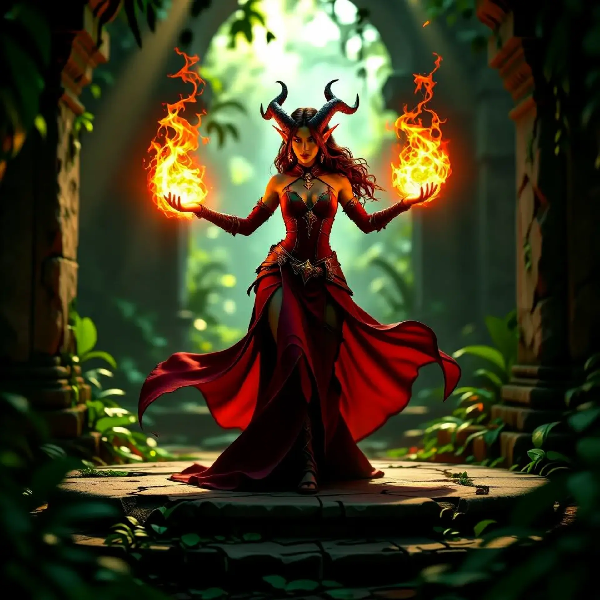 A fierce tiefling sorceress commands swirling arcane fire atop a cracked marble dais within an overgrown jungle temple. Bathed in warm ember reds and emerald greens, her dynamic stance and radiant magic exude power, framed by dramatic sunlight piercing lush ruins.