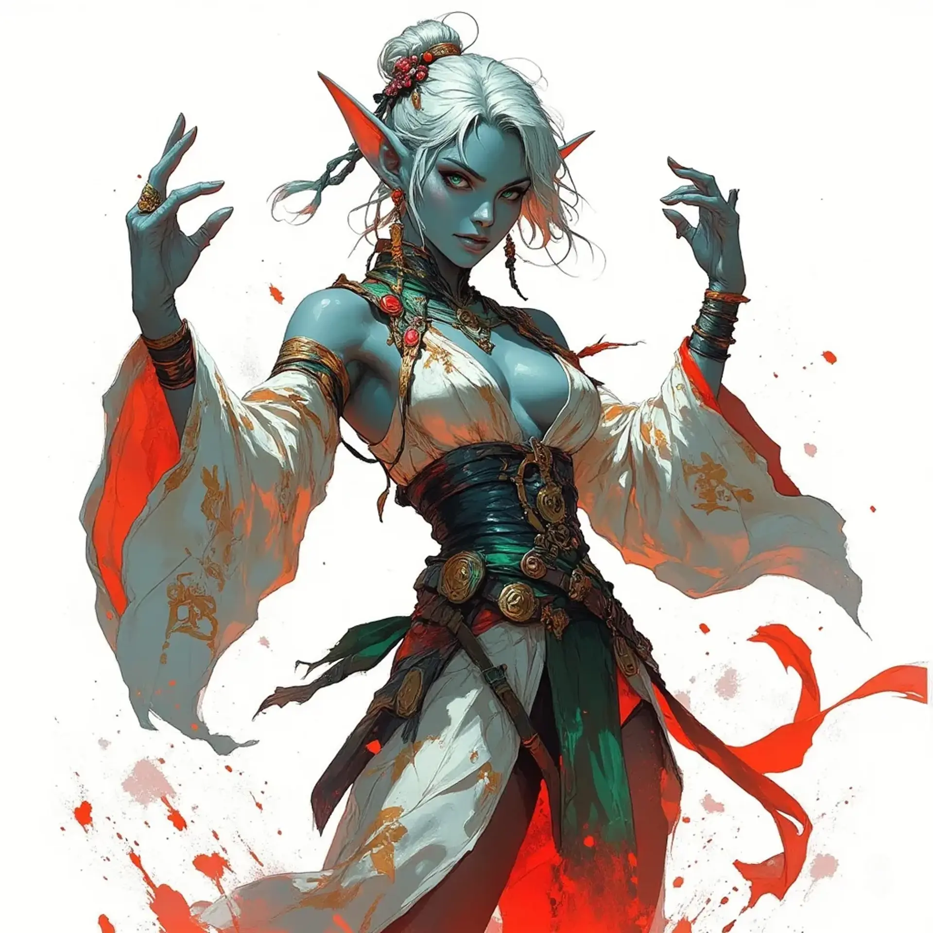 A captivating middle-aged elf dancer, she possesses striking pale blue skin and mesmerizing blue eyes. Her flowing silver hair, styled in a messy bun adorned with decorative earrings, cascades elegantly. Radiating confidence in a richly patterned white robe cinched at the waist, her alluring presence enchants all who watch her graceful movements.