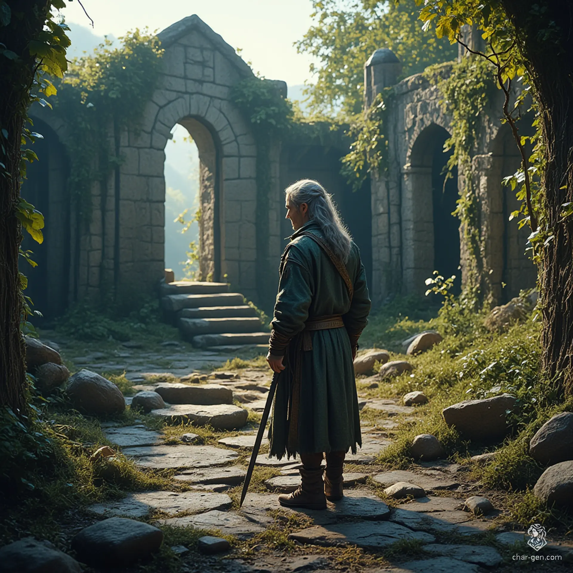 Tancrede is a weathered, 55-year-old human fighter with a commanding presence, blending ranger and rogue skills. A former captain of the Amnur guard, he wields a shortsword with purpose, driven by a deep connection to nature and a quest for vengeance against a dragon that ravaged his past. 