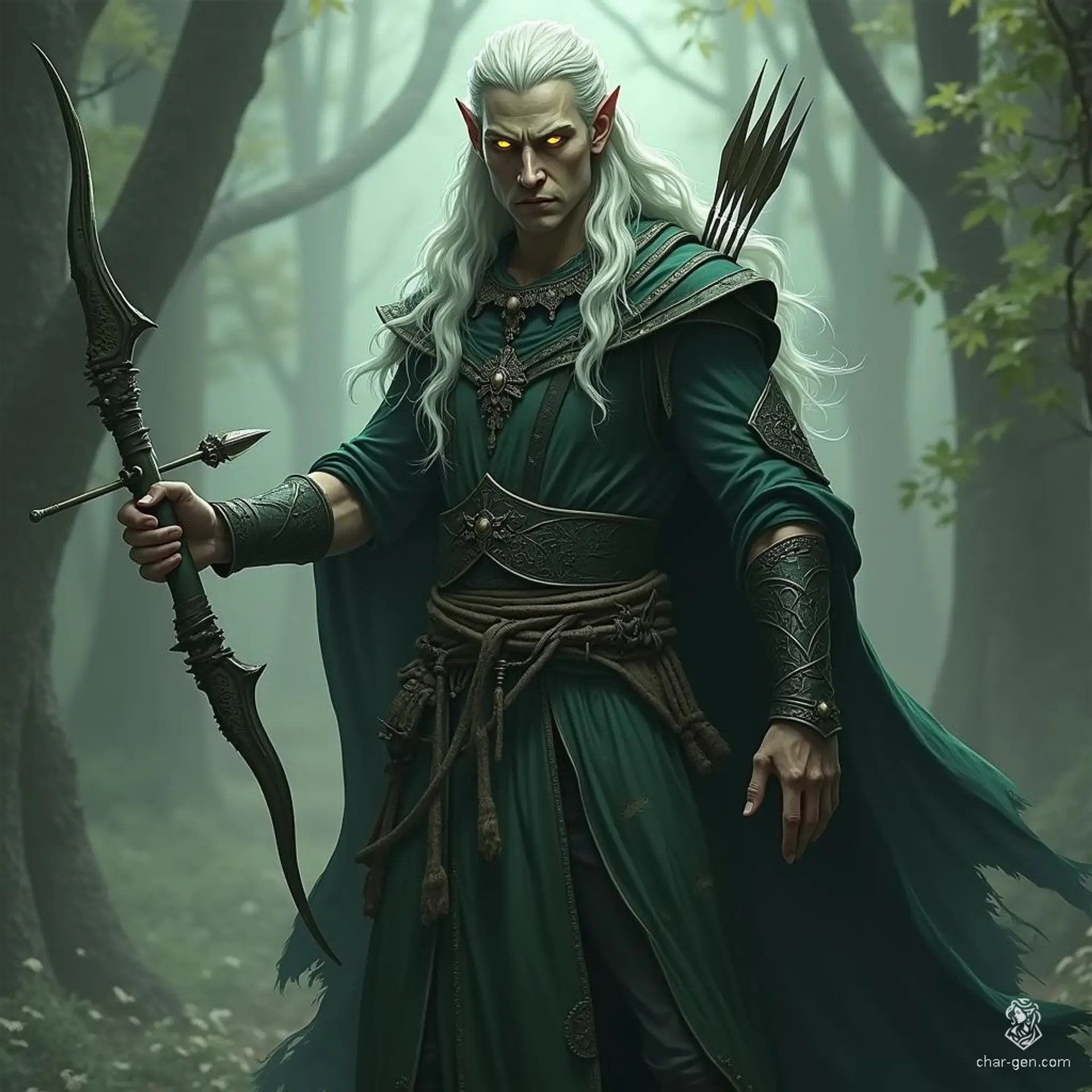 A male Drow sorcerer, cloaked in shadows, wields a deadly spell with piercing yellow eyes that glimmer with arcane power. As he casts Melf's Acid Arrow, a swirling bolt of corrosive energy bursts forth, ready to unleash chaos on his unsuspecting foes.