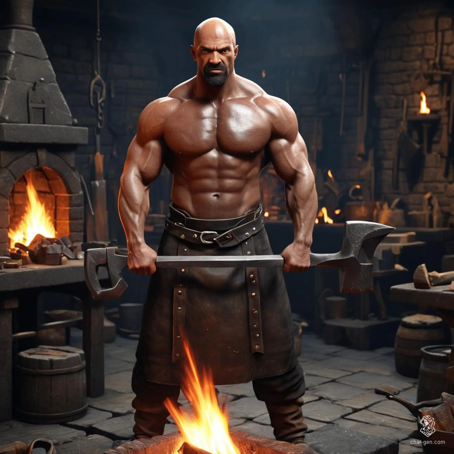 A rugged, 40-year-old male barbarian blacksmith with medium-toned, weathered skin works amidst anvils and hammers. Bald-headed and muscular, he dons dirty clothes and a leather apron, exuding a rude demeanor while surrounded by the glow of his forge.